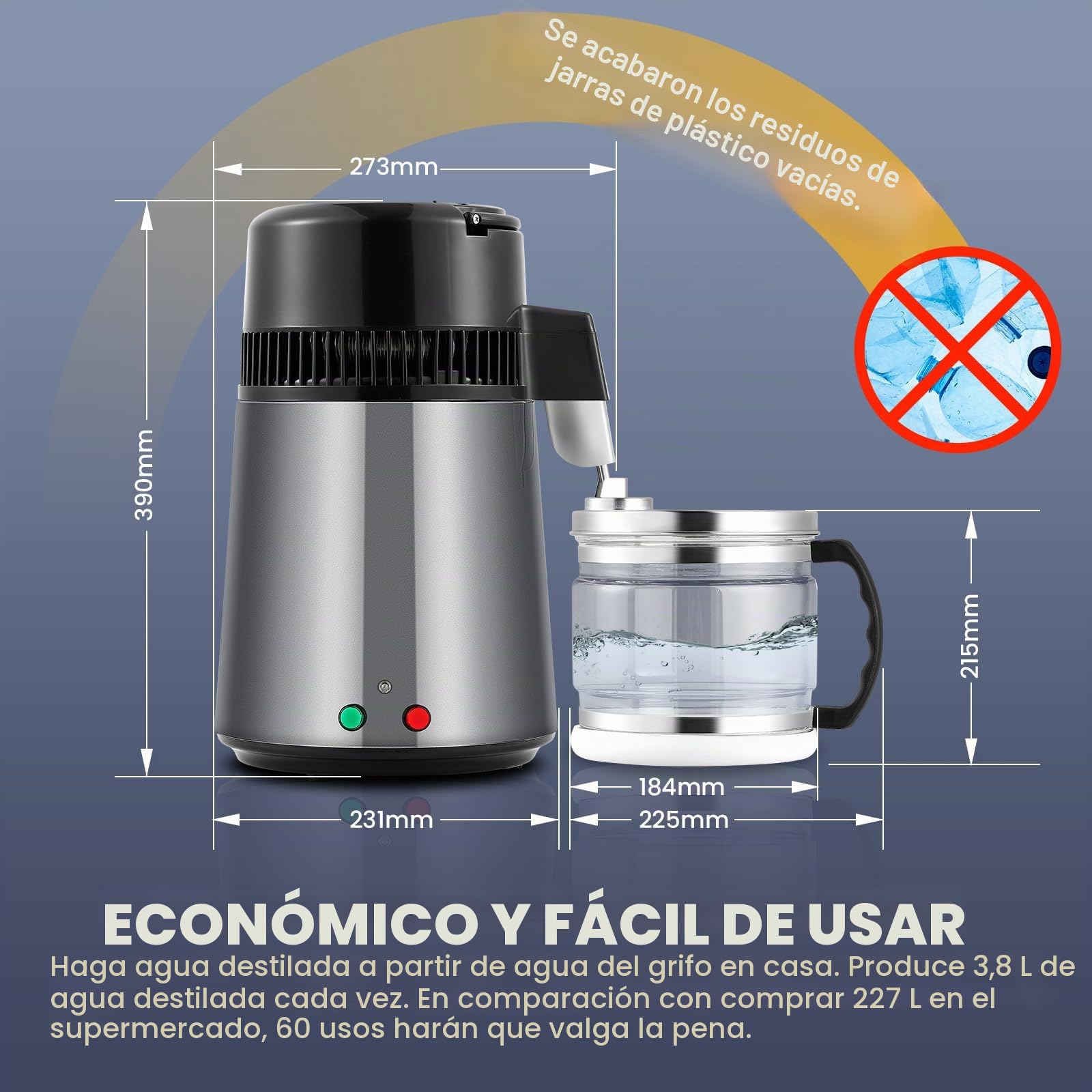 Hanchen Destilador de Agua 4L Acero Inoxidable Purificador de Agua con Jarra de Vidrio 1L/H Máquina de Agua Destilada para Hogares Laboratorios Industrias Jarra de Vidrio (Gris)