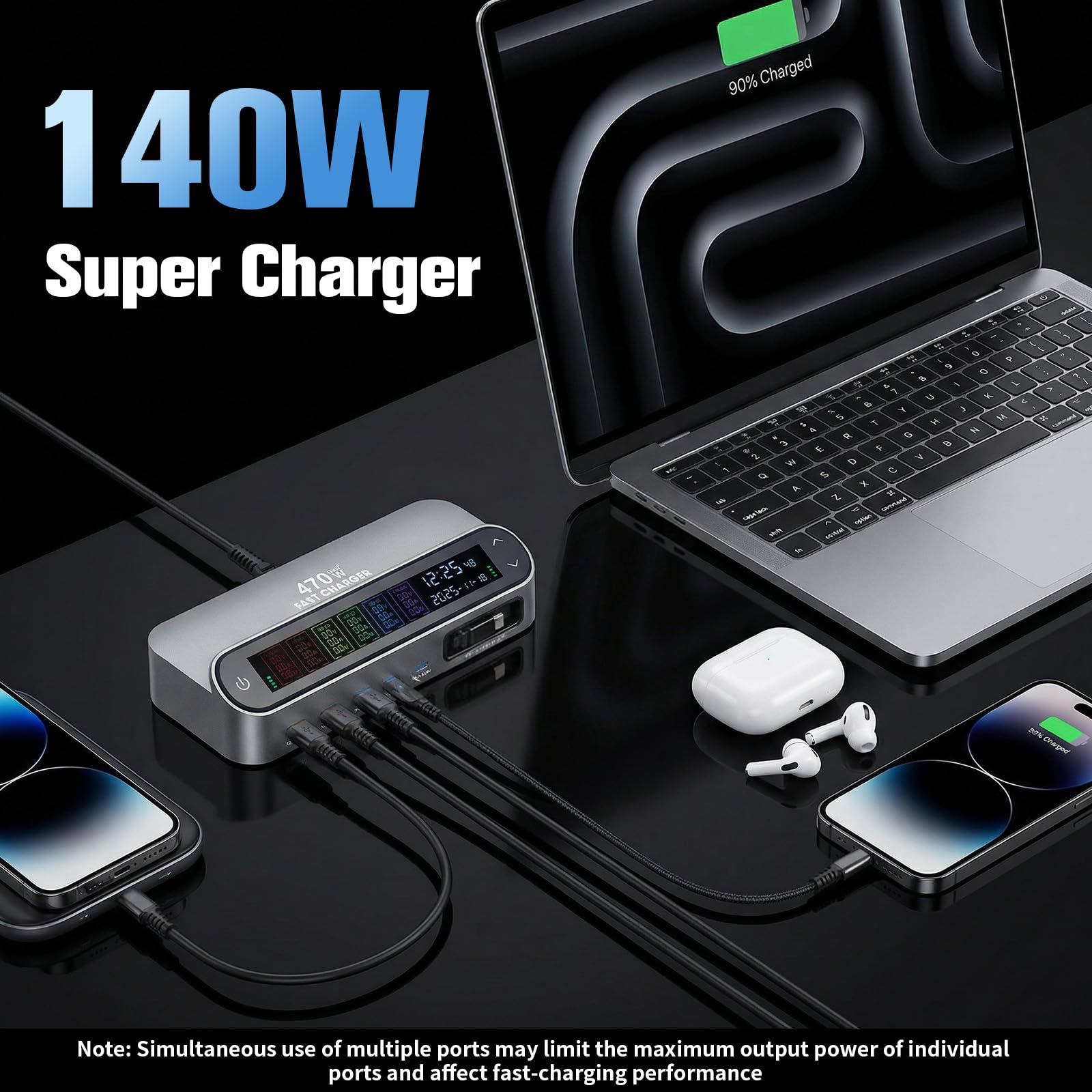 470 W ładowarka USB C, wieloportowa, 5-portowa stacja ładująca z szybkim ładowaniem, z wyświetlaczem LCD, 3 porty USB-C i 2 porty USB-A, kompatybilna z MacBook Pro/Air, iPhone 16/15/14