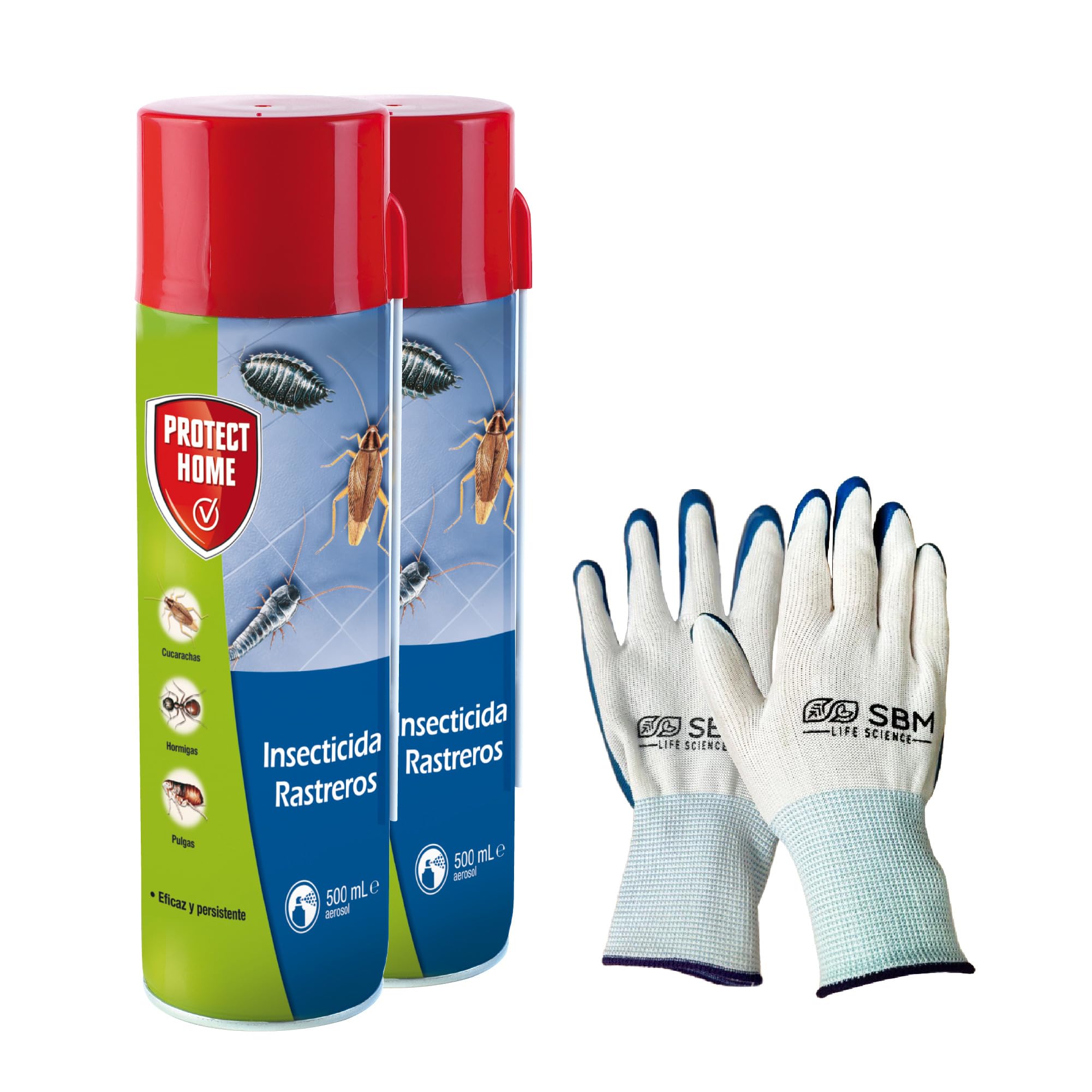 Protect Home Insecticida Blattanex, acción inmediata contra cucarachas, Hormigas e Insectos Rastreros Pack de 2 botes de 500 ml + guantes SBM