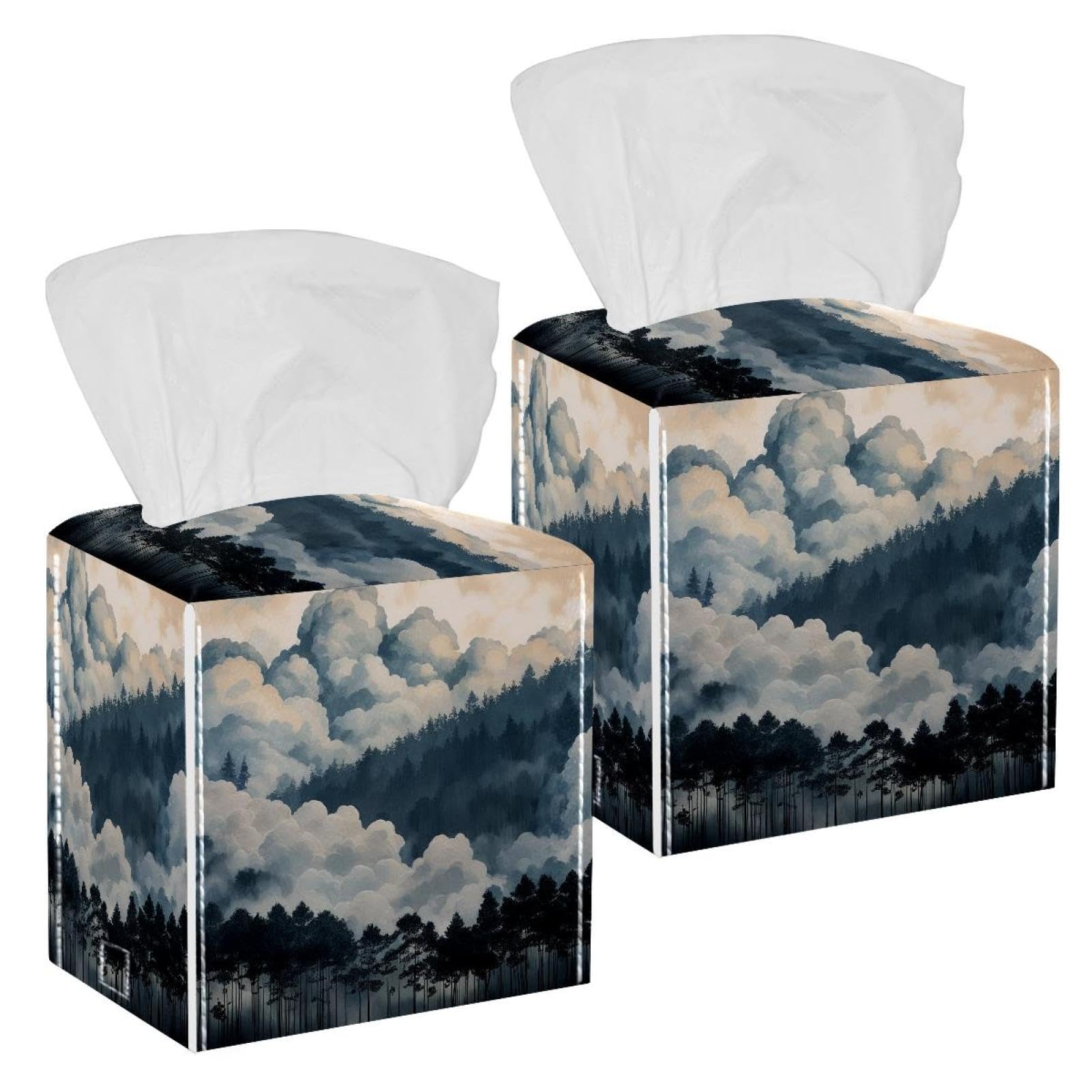 Cloud Pine Forest Tissue Box Cover, 2 Pack PU Leather Square Facial Tissue Dispenser Box holder for Home Office Car