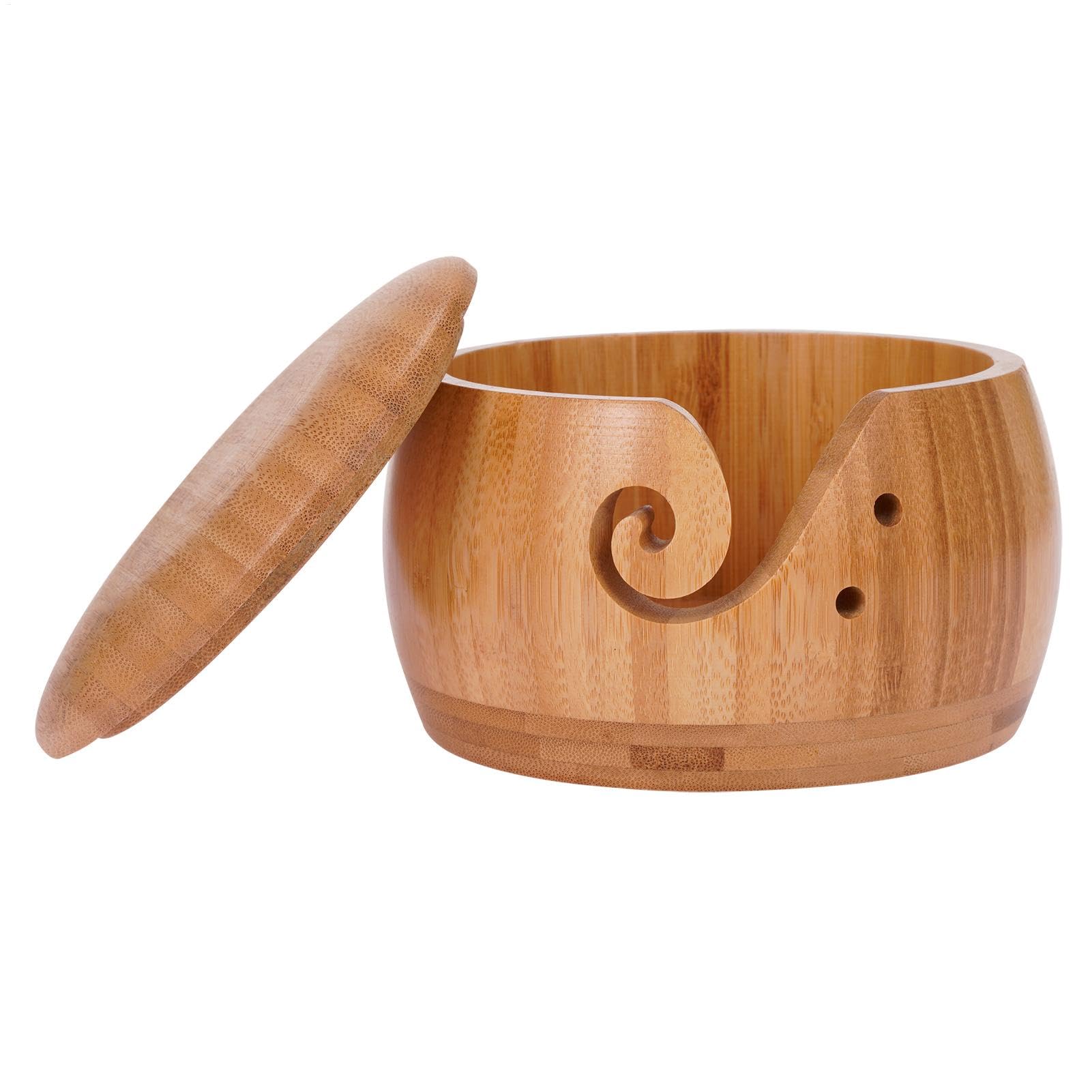 Generic Wooden Yarn Bowl with Lid, Brown, 5.91x3.15in, Glossy Finish, 5oz Capacity, Knitting & Crocheting Accessory