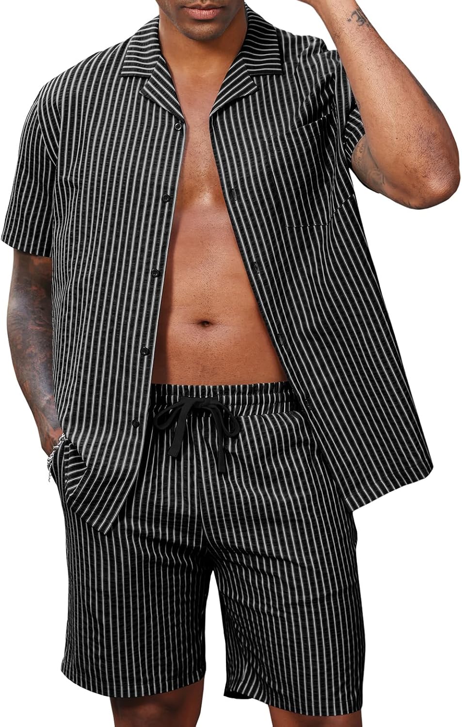 Lzzidou Men's 2 Piece Outfit Short Set Striped Button Down Shirt and Drawstring Shorts Casual Summer Beach Matching Suit