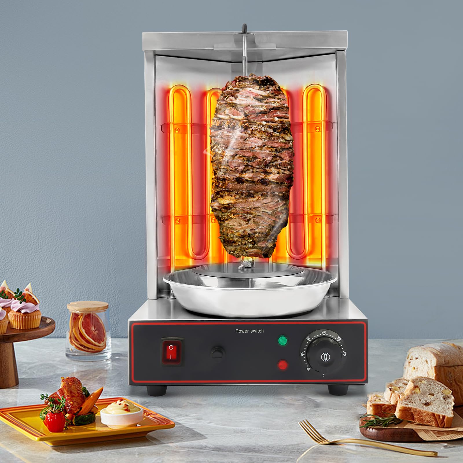 2800–3000 W Elektrischer Edelstahl Döner Grill Vertikalgrill, Multigrill Automatischer Drehgrill Einstellbares Temperatur | 2 Heizrohre | Fettauffangschale | Kontrollleuchten