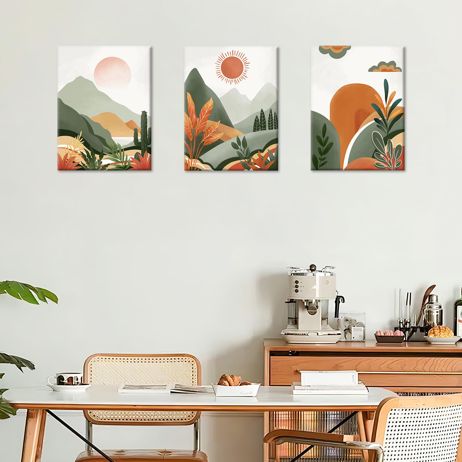3 Pcs Wooden Framed Canvas Wall Art Canvas Prints Bohemian Desert and Sun Painting Green Mountains Plants Floral Pictures for Living Room Bedroom Bathroom Hallway Stairs Wall Decor 40x60 cm x3pcs - Image 3