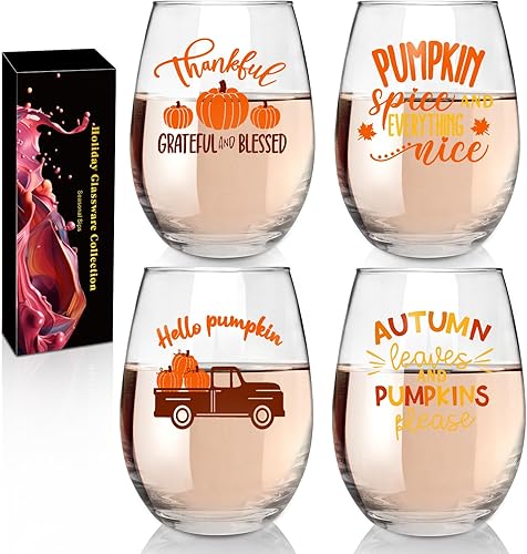 CNVOILA Juego de copas de vino de otoño copas y tazas sin tallo para Acción de Gracias, decoración y decoraciones de Halloween, tazas de calabaza,