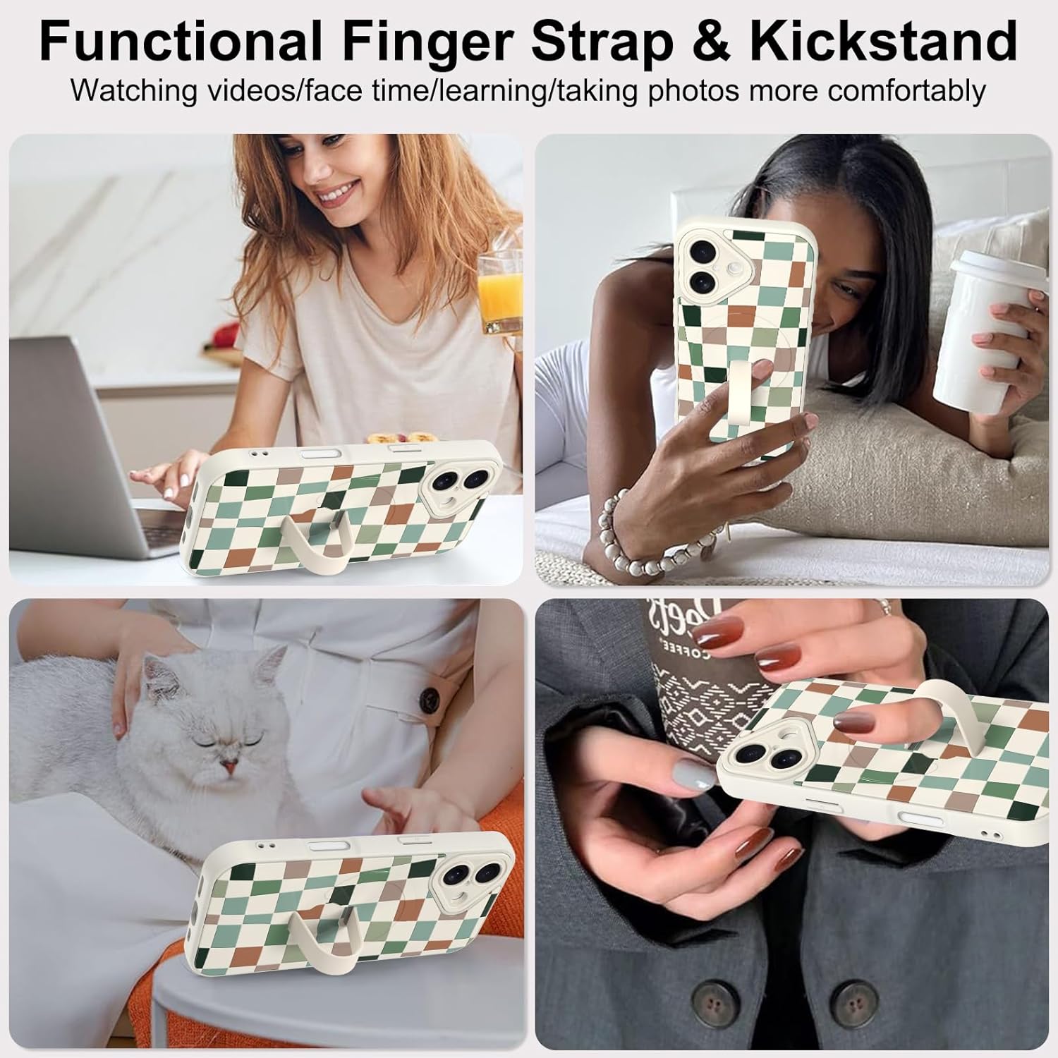 Magnetic for iPhone 17 Case with Finger Strap Stand, Compatible with Magsafe, Checkered Checkeredboard Phone Case for Women Men Slim Shockproof Cover for 17, Colorful Checkered