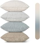 Boîte de 4 Couvertures d'oreillers à jet décoratif 18x18 Encre douce en peluche Corduroy carré rayé Oreillers Bleu Beige Café Gris Fluffi Coussin Cas Boho Décor pour Agritourisme Salon Lit Canapé