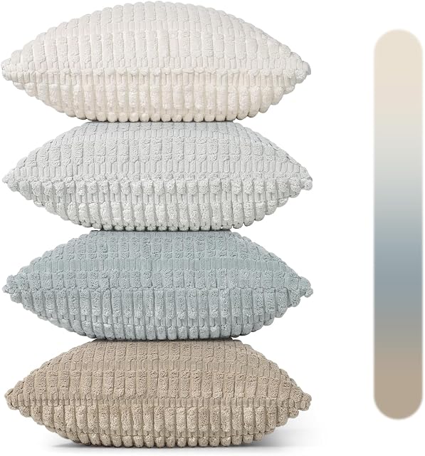 Boîte de 4 Couvertures d'oreillers à jet décoratif 18x18 Encre douce en peluche Corduroy carré rayé Oreillers Bleu Beige Café Gris Fluffi Coussin Cas Boho Décor pour Agritourisme Salon Lit Canapé