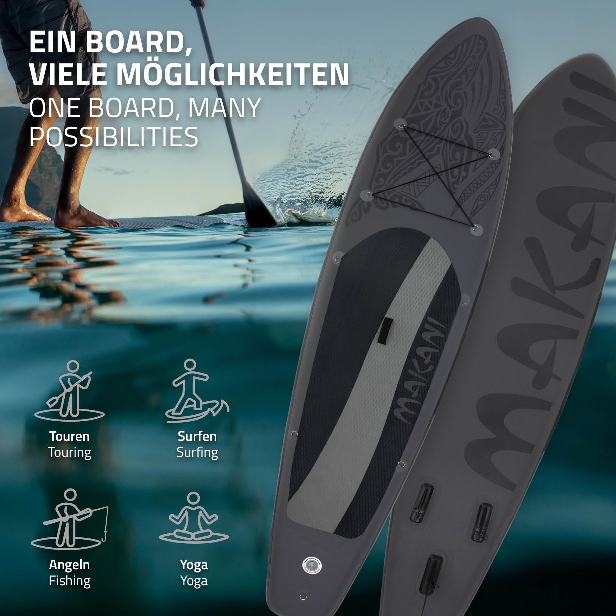 ECD Germany Stand Up Paddling Board 305/308/320/380cm, bis 120/150kg, Dicke 10/15cm, Kajaksitz, Komplett Set Tasche, Aufblasbare SUP Board Stand Up Paddle Board Paddelboard Surfbrett, Diverse Modelle