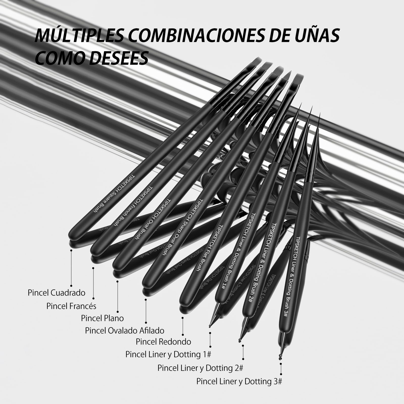 Pinceles para Uñas Set de 8 con tapas protectoras y bolsa de almacenamiento,Pinceles Nail Art con Pincel Liner,Dotting Pen,Pincel Francés y más para Uñas en Gel y Manicura Profesional