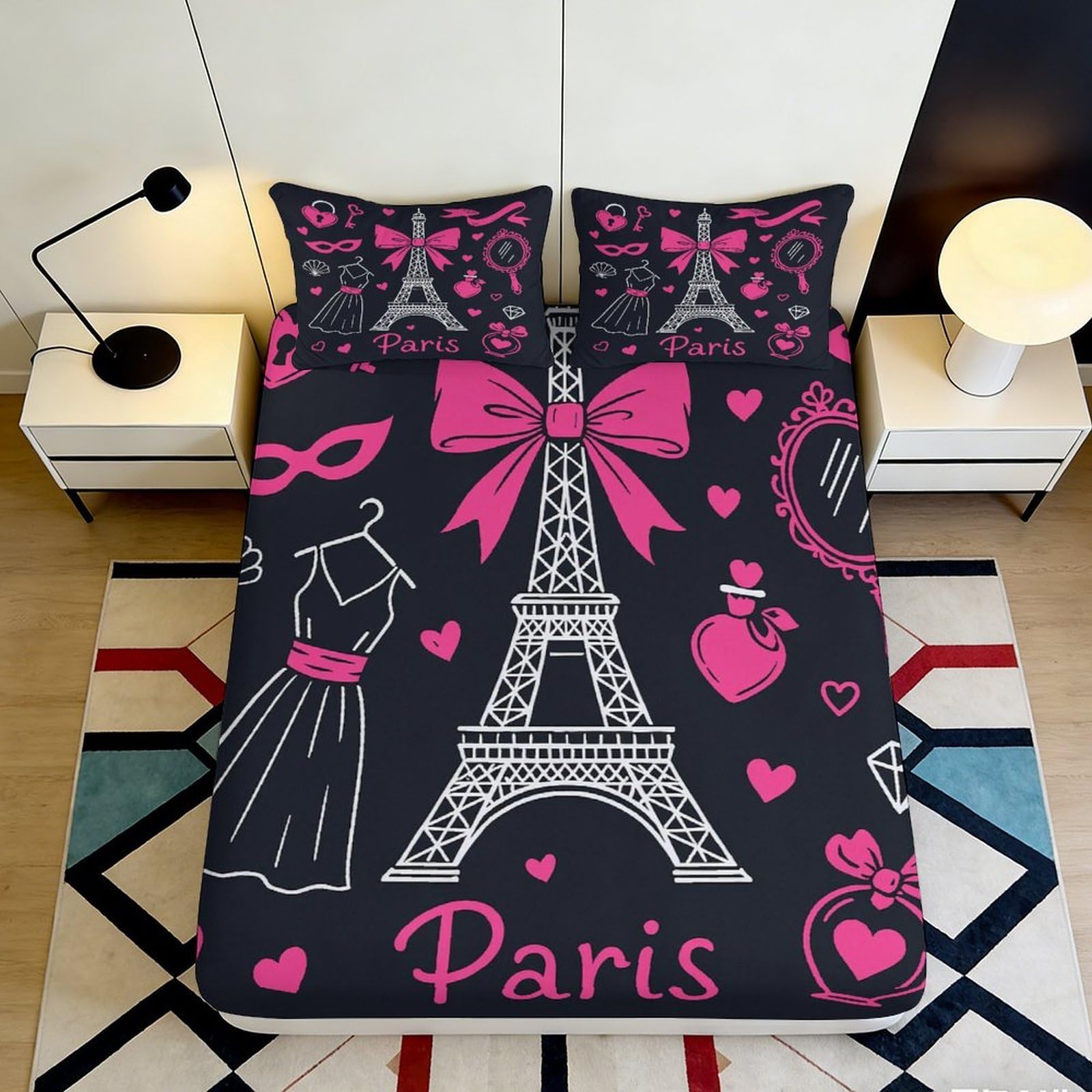 3D Printed Paris Pattern Fitted Sheet Microfiber Deep Pocket Non-Slip Bedroom Bedding Paris Mattress Fitted Cover for Adults Teens 90x200x25cm