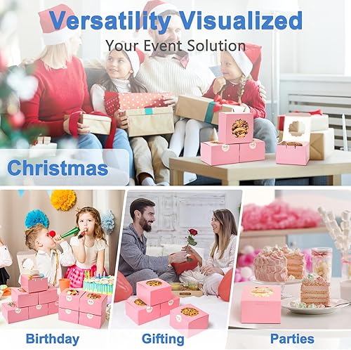 Miniatura 6 de Shallive Cajas de galletas pequeñas de 4 pulgadas, 50 unidades, color rosa, cajas de panadería con ventana para regalo de Barbie, recipientes para