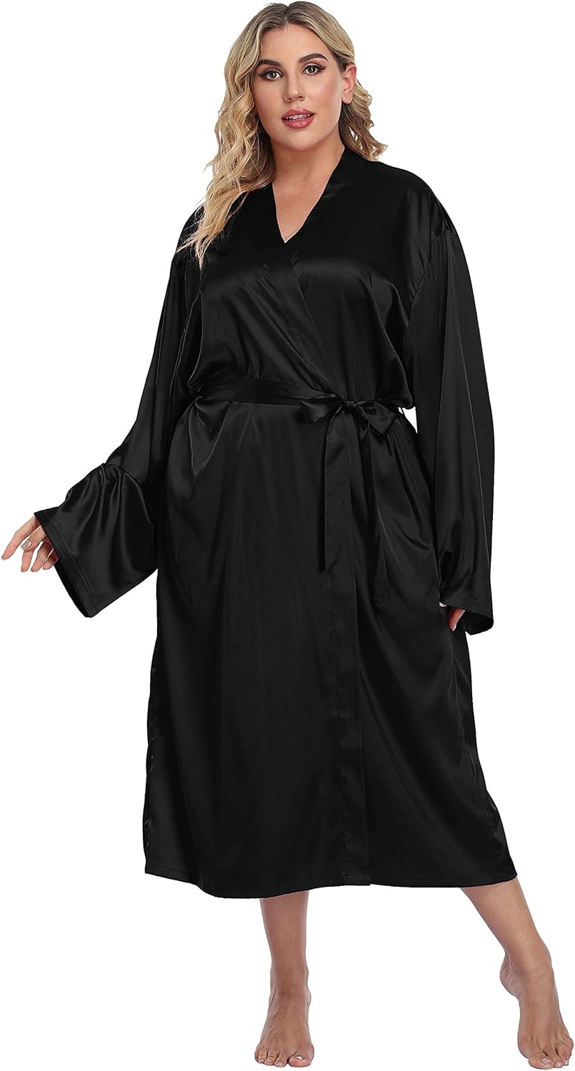 Women's Plus Size Satin Kimono Robes Long Silky Bathrobe Lightweight Sleepwear Wedding Dressing Gown - Image 2