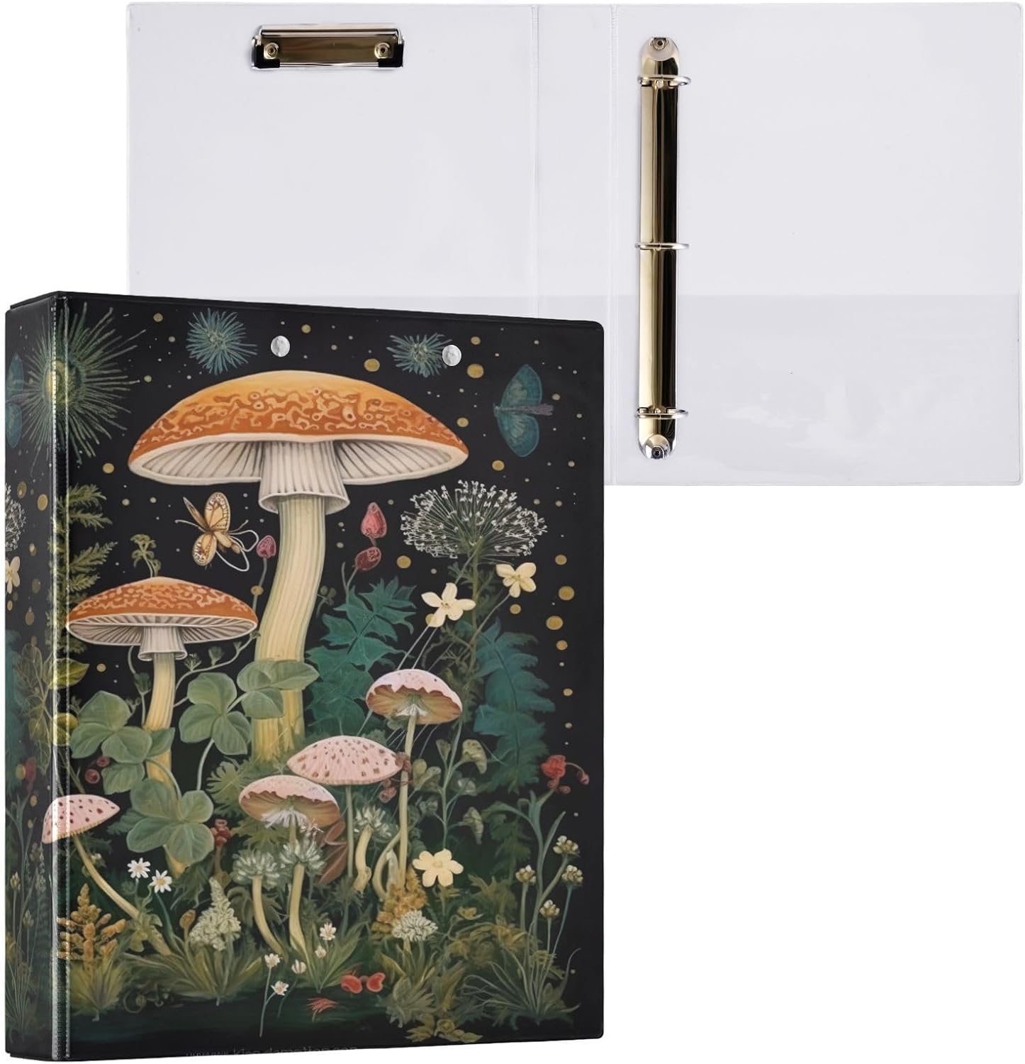 Mushroom 3 Ring Binders, Round Rings, Holds 200 Sheets, 1.5 Inch 3 Ring Binders with 3 Interior PVC Clear Pockets and Anti-Slip Metal Clip