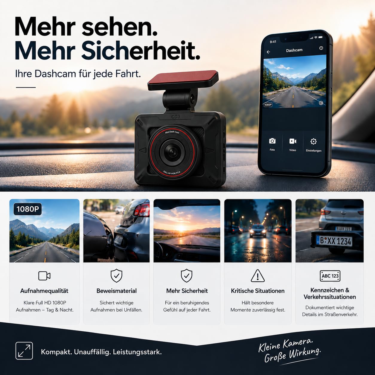 Dashcam Auto Full HD 1080p 30fps – WLAN Autokamera mit G-Sensor, Loop-Aufnahme, 120° Weitwinkel – Mini Dashcam für Auto mit App Steuerung & Nachtsicht – Schwarz