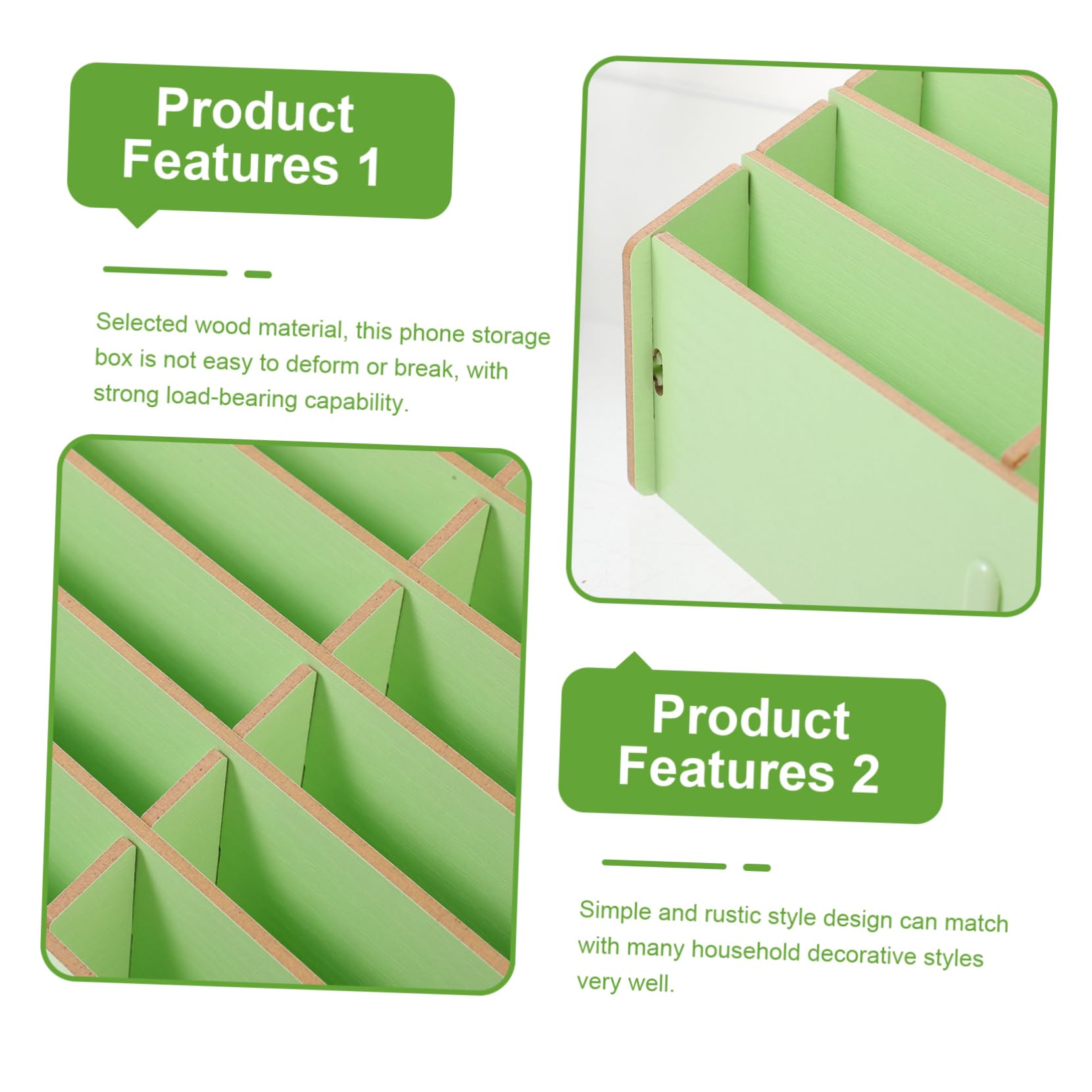 DOITOOL Caja de Almacenamiento de Teléfono Múltiples Rejillas de Madera | Organizador de Escritorio para Móvil, Compartimentos Divisores, Verde, Uso en Hogar y Mesa
