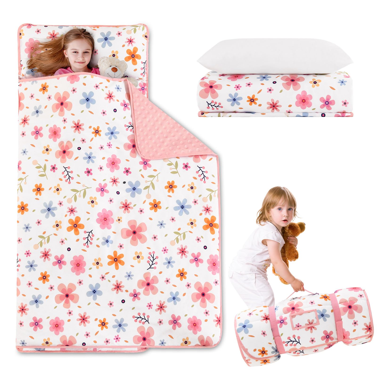 Cozyholy Toddler Nap Mat with Pillow and Blanket Pink Floral Leaves Fleece Kindermat Girls Nap Mats for Preschool Daycare Kids Sleeping Bag Portable Sleeping Mat Toddler Cot Bed for Travel Camping