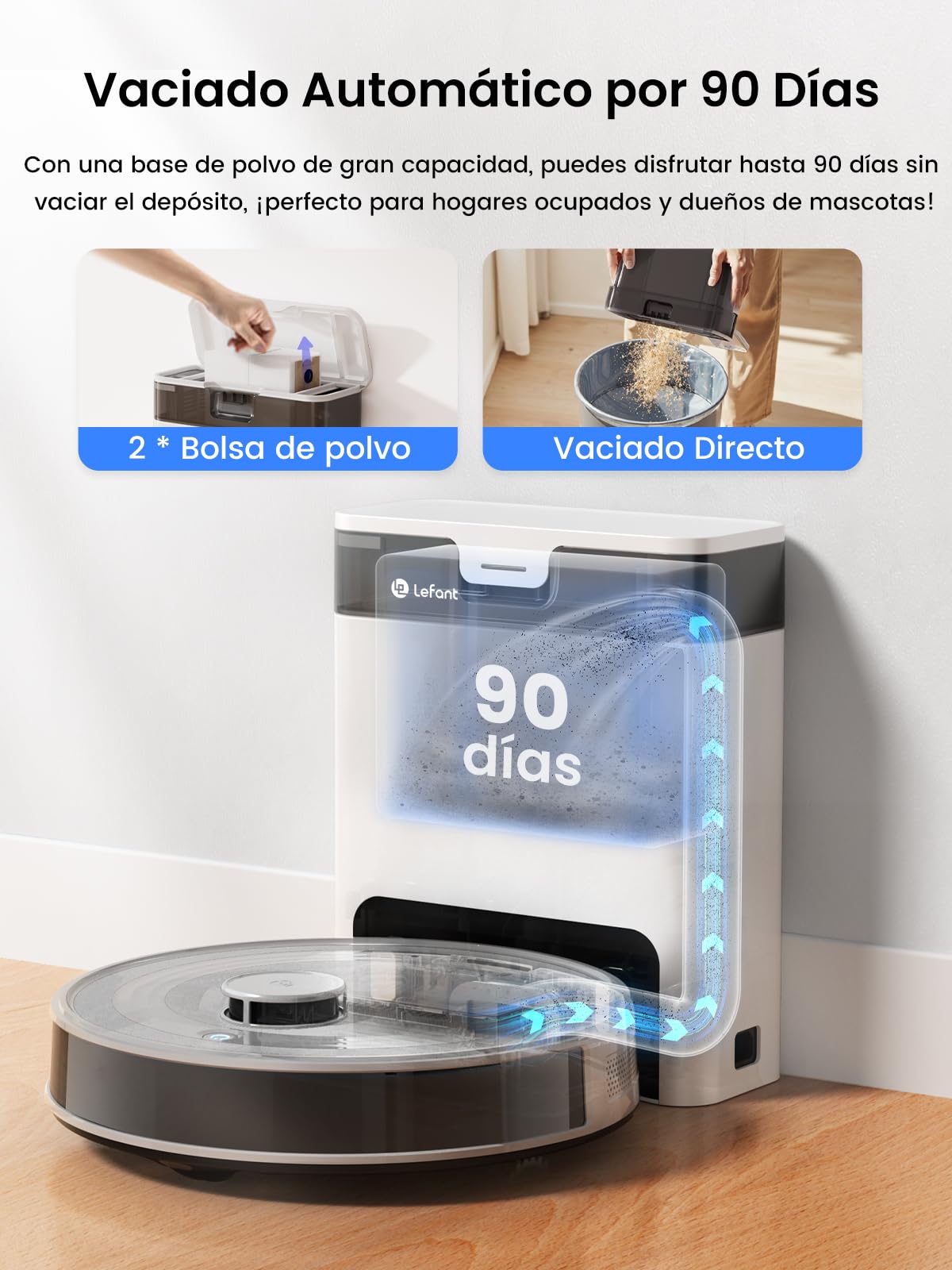 Lefant M2 Pro Robot Aspirador y Fregasuelos con Autovaciado, Autovaciado 90 Días, 6000Pa, 140mins, Mapeo Multinivel, Obstáculos 190° PSD, Navegación dToF, 5G WiFi/App/Alexa/iWatch, Gris