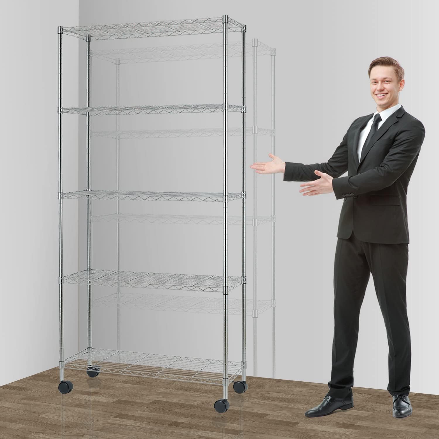 5 Tier Wire Shelving Unit, Storage Metal Shelves, Standing Shelf Units, NSF Heavy Duty Height Adjustable Garage Shelving, 14" W x 30" L x 60" H, Commercial Racks with Wheels, Chrome
