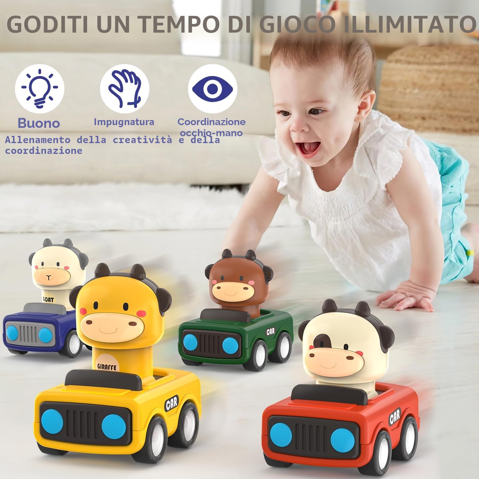 MOONTOY Giochi Macchinine per Bambini 1 Anni,4pcs Set di Veicoli da Gioco per Bambini,Giochi Macchinine Press and Go per 9 10 12+ Mesi,Pasqua Regali Educativi Precoci 1 2 3 Anno