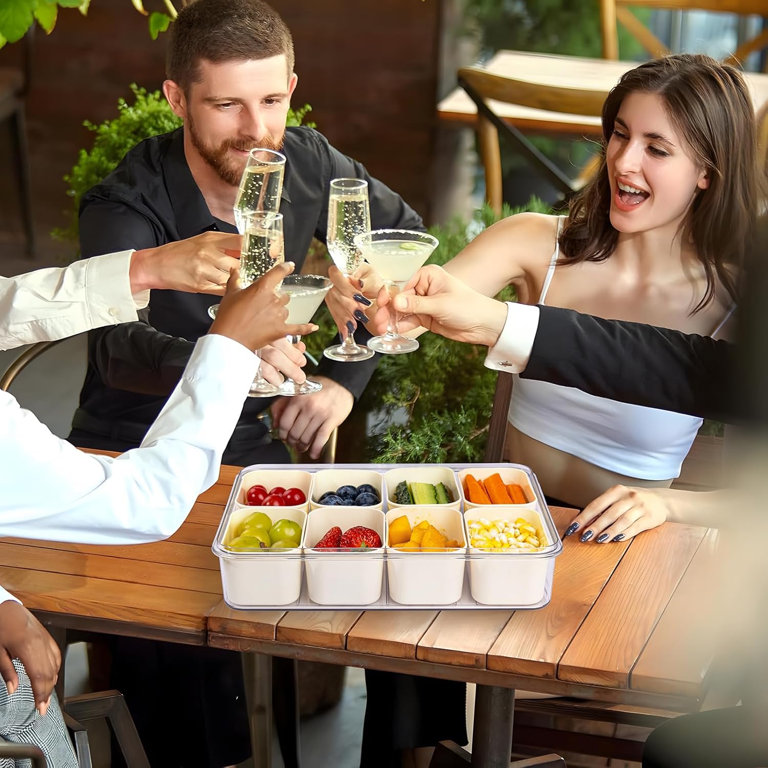 U-QE 2Pcs Dishwasher Safe Snackle Box Container with 8 Small Snacks Box - Premium Ivory Plastic Divided Serving Tray with Lid and Handle for Snack,Veggie,Fruits,Perfect for Party, Picnic, Entertaining