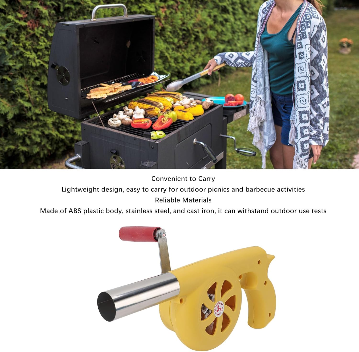 BBQ Fan, Hand Crank BBQ Fan, Barbecue Air Blower, Portable Fire Bellows for Outdoor Picnic Camping Cooking Barbecue Charcoal Grills Stove Accessories (Yellow)