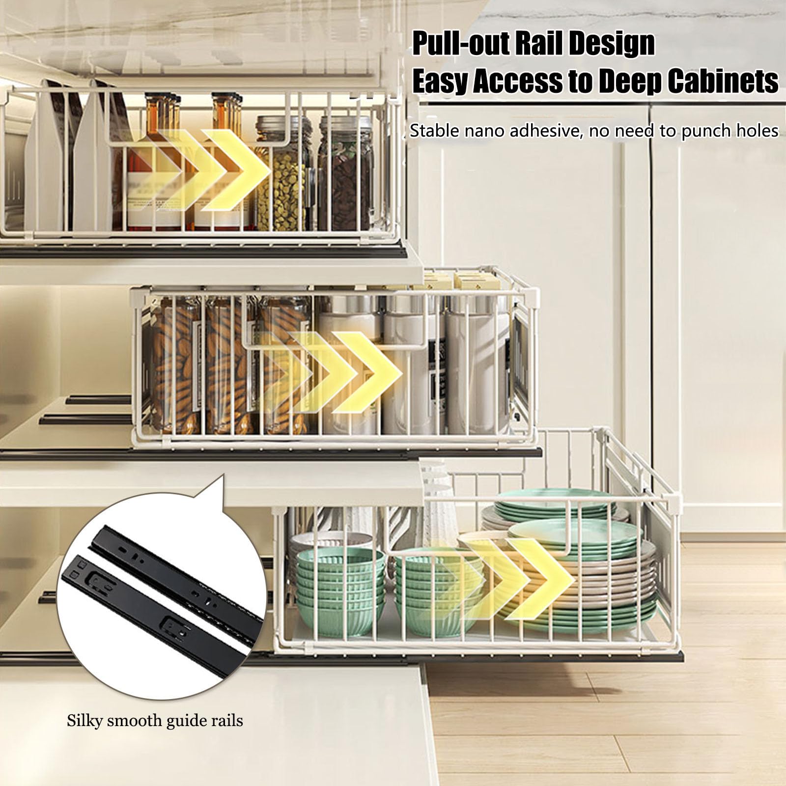Teleskopschublade Küchen Aufbewahrungsregale Organizer Ohne Bohren Ausziehbare Schubladen Metall Küchenregal Spülschrank Regal Für Küche Pantry Organisation, Einstellbare Breite 32.5-50Cm,Schwarz,2Pcs