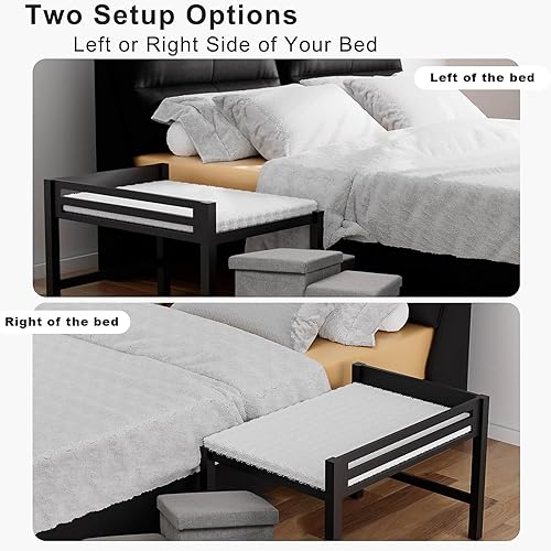 Miniatura 8 de Cama de noche para perro con escaleras, cama elevada de madera para perros de 35 x 23 pulgadas con colchón extraíble, escaleras plegables de 3