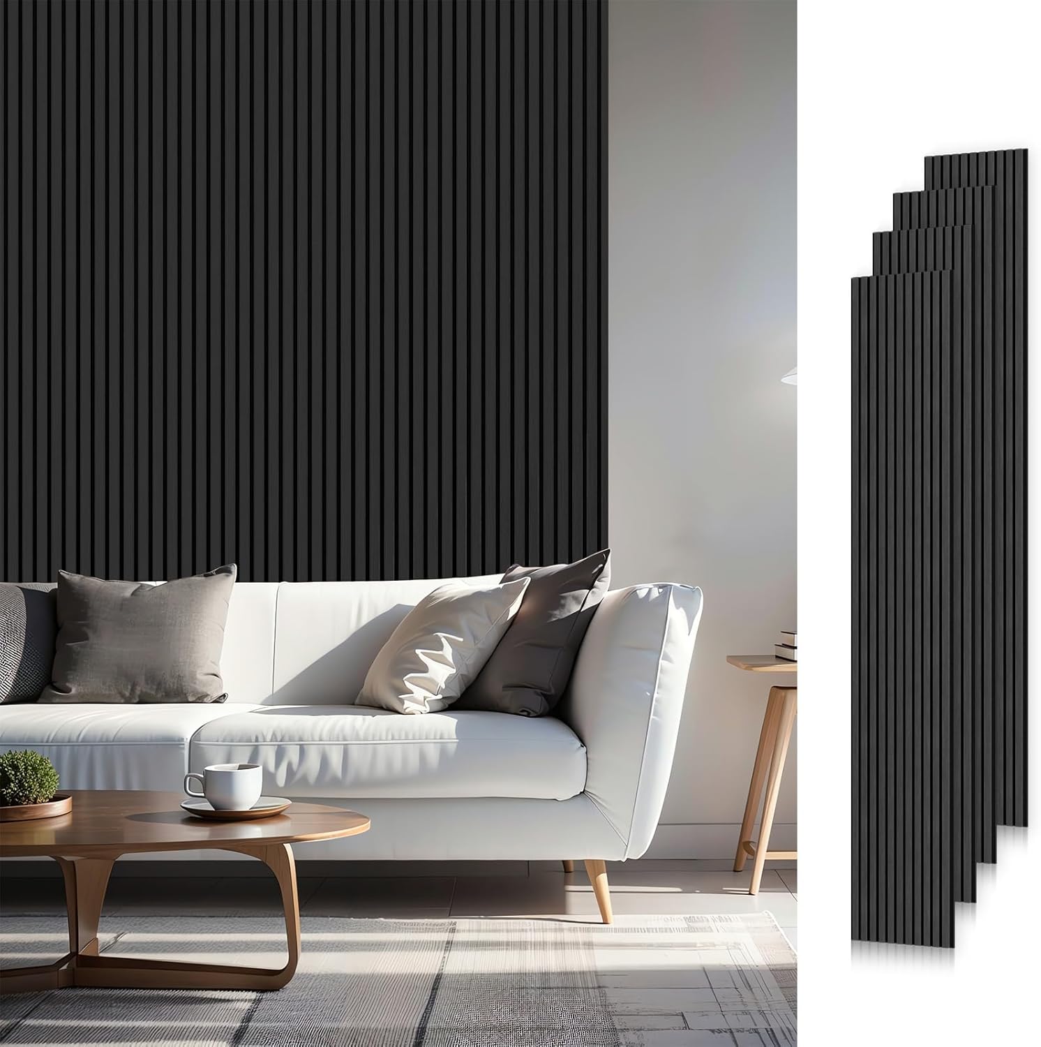 Wood Slat Acoustic Panels, 94.5" x 12.6" Each Soundpoof Wooden Slat Wall Panel - Black Oak, 4 Pack 94.5" x 50.4" Black Oak