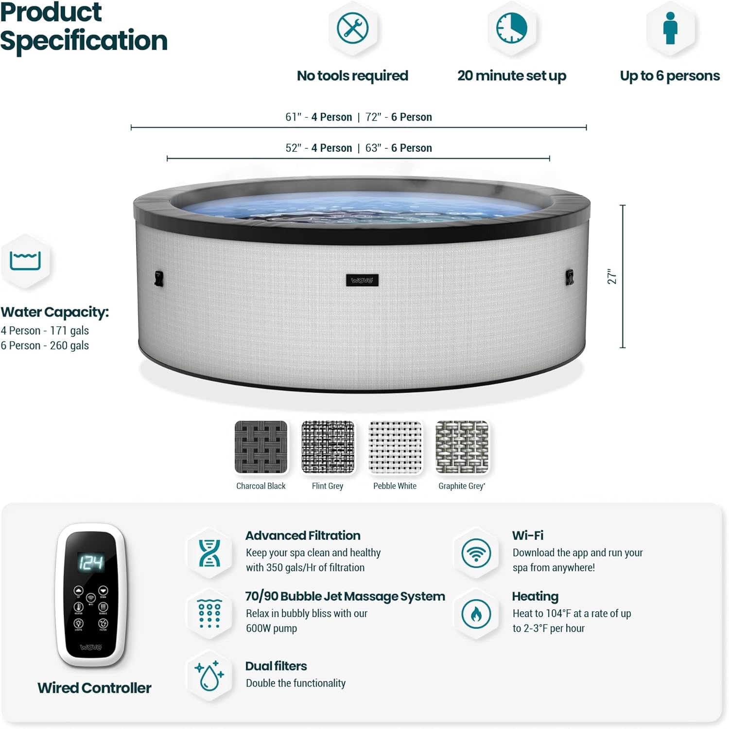 Product specification diagram for Wave Tahoe Hot Tub