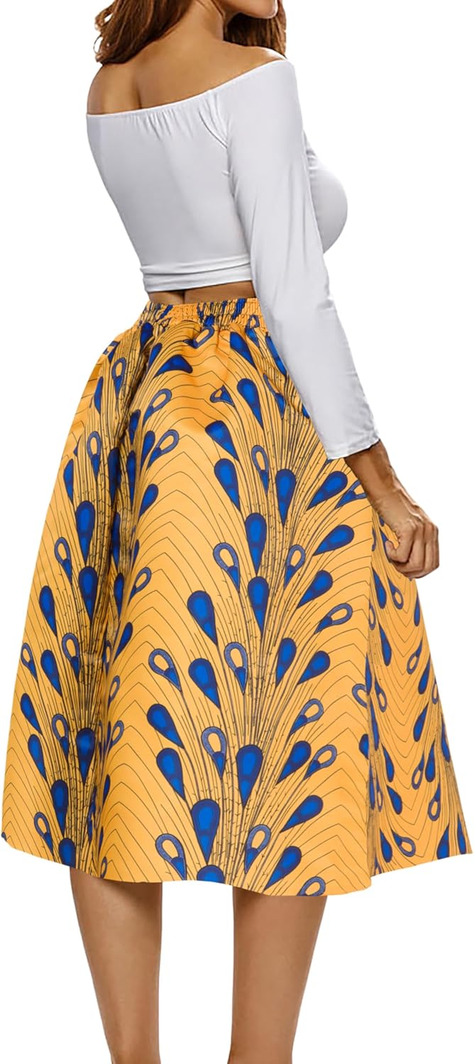 Afibi Womens African Print Skirt Boho Flare Pleated Midi Skirt with Pockets - Image 5