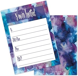 Pretty Blue Purple Watercolor Invites (20 Count with Envelopes) - Kids Adults Teens Birthday, Baby Shower, Teen Girl Bday Invites