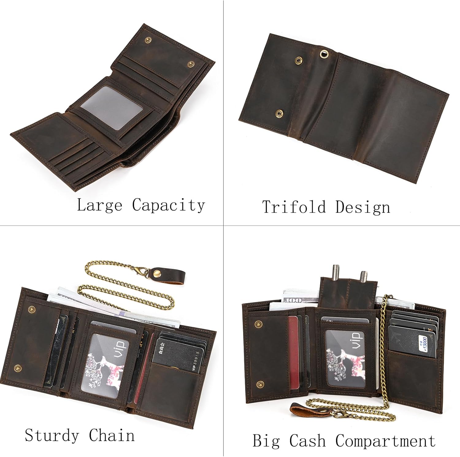 Genuine Leather Trifold Wallet with Anti-Theft Chain for Men Vintage Cash Coin Credit Card Purse with ID Window, Dark Brown - Image 3