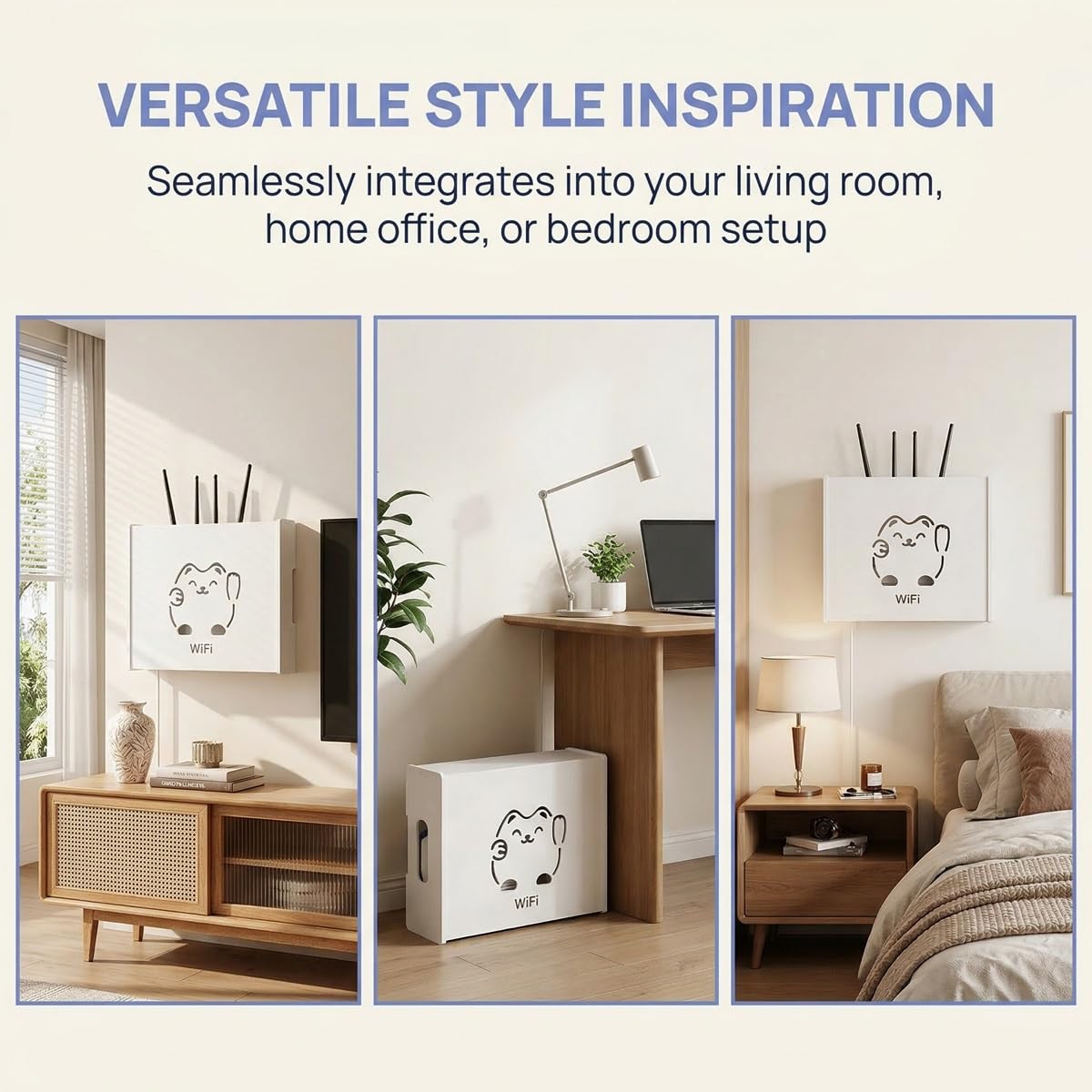 Support Mural pour Routeur, Rangement Box Internet avec Design Chat Porte-Bonheur, Cache Modem WiFi pour Gestion des Câbles, Blanc(18.9"x 3.74"x14.96")
