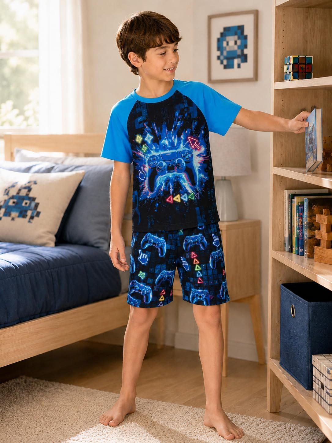 Beezizac Boys Summer Pajamas, Short-Sleeve 2-Piece Sleepwear, Sizes 6-18