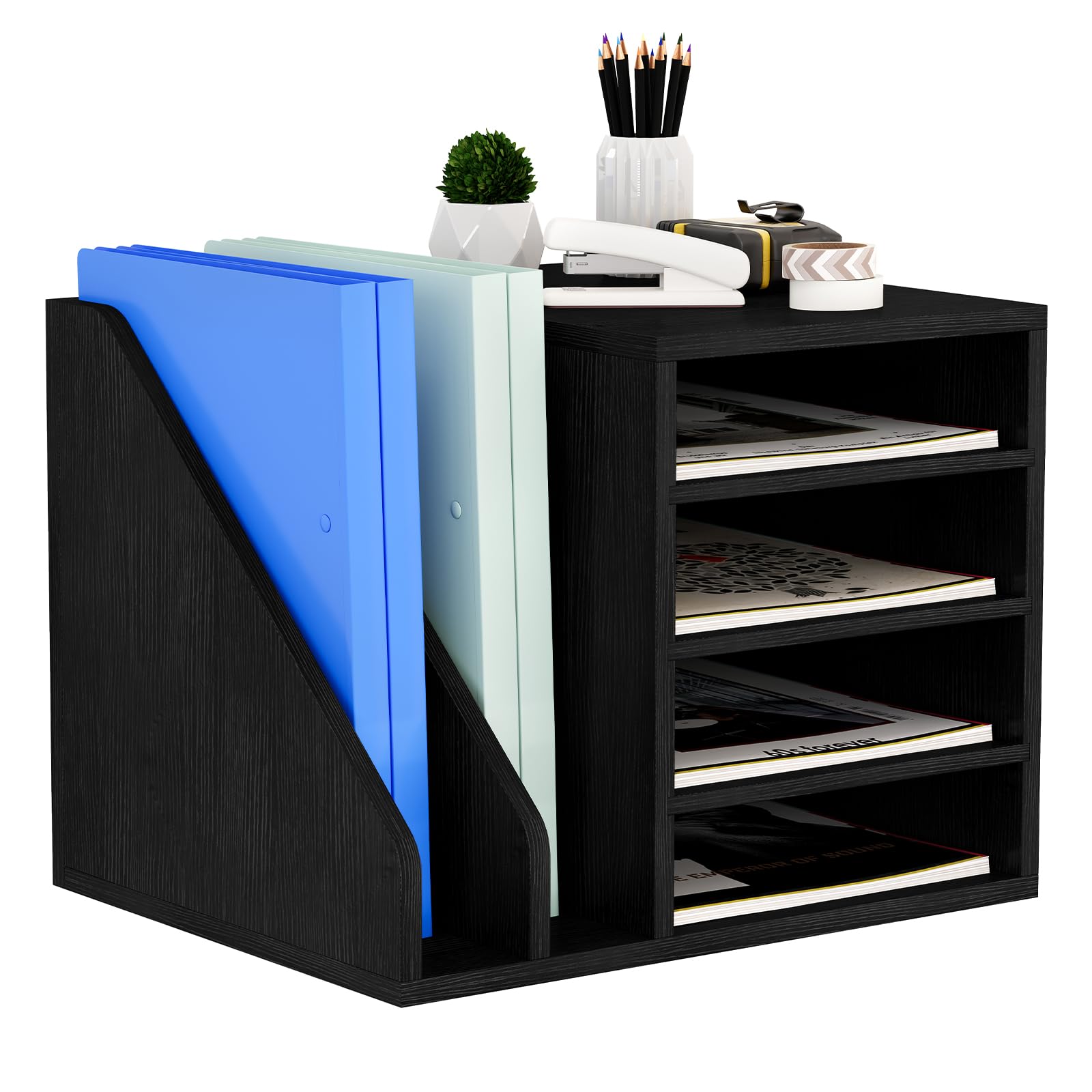 Senhoglb Soporte para archivos, organizador de correo de madera con compartimentos ajustables, organizador de archivos de escritorio, organizador de escritorio de madera, clasificador de papel para el