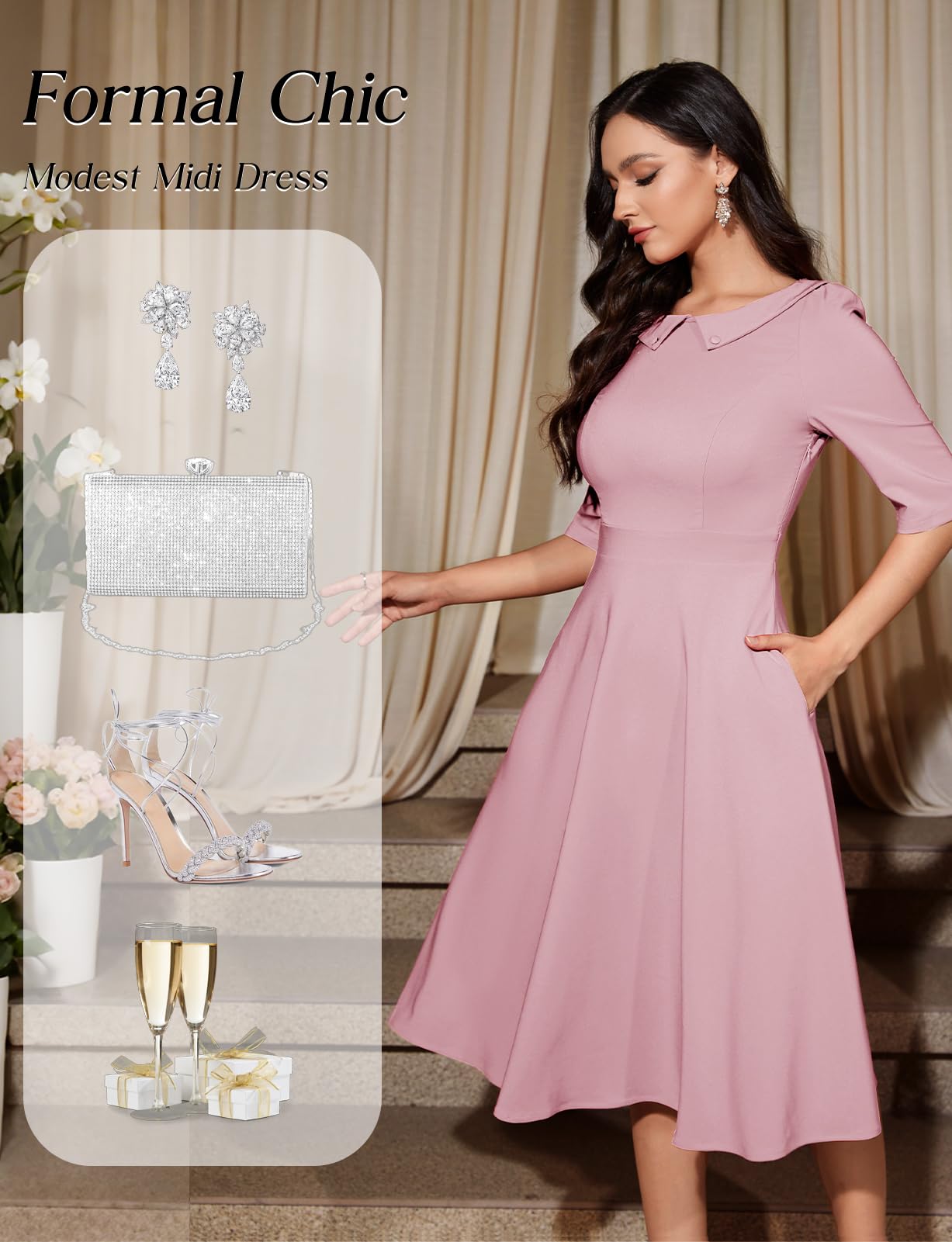 Bbonlinedress Abito da cocktail vintage da donna, formale, autunno, matrimonio, chiesa, a maniche lunghe, colletto alla Peter Pan, abito midi swing