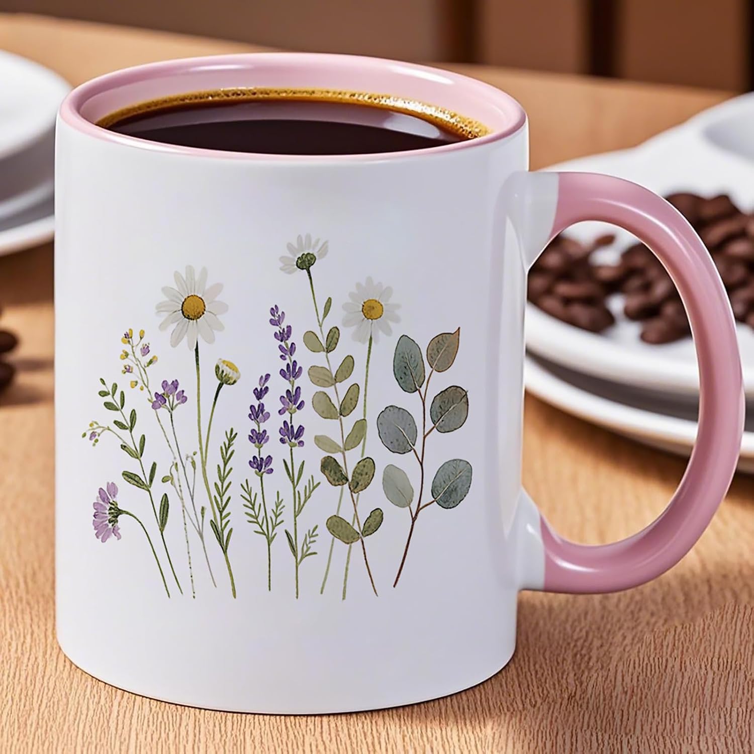 11oz Wildflower Ceramic Coffee Mug with Pink Handle & Interior – Aesthetic Watercolor Daisy & Lavender Floral Design – Cute Botanical Tea Cup for Home, Office or Gift image 2