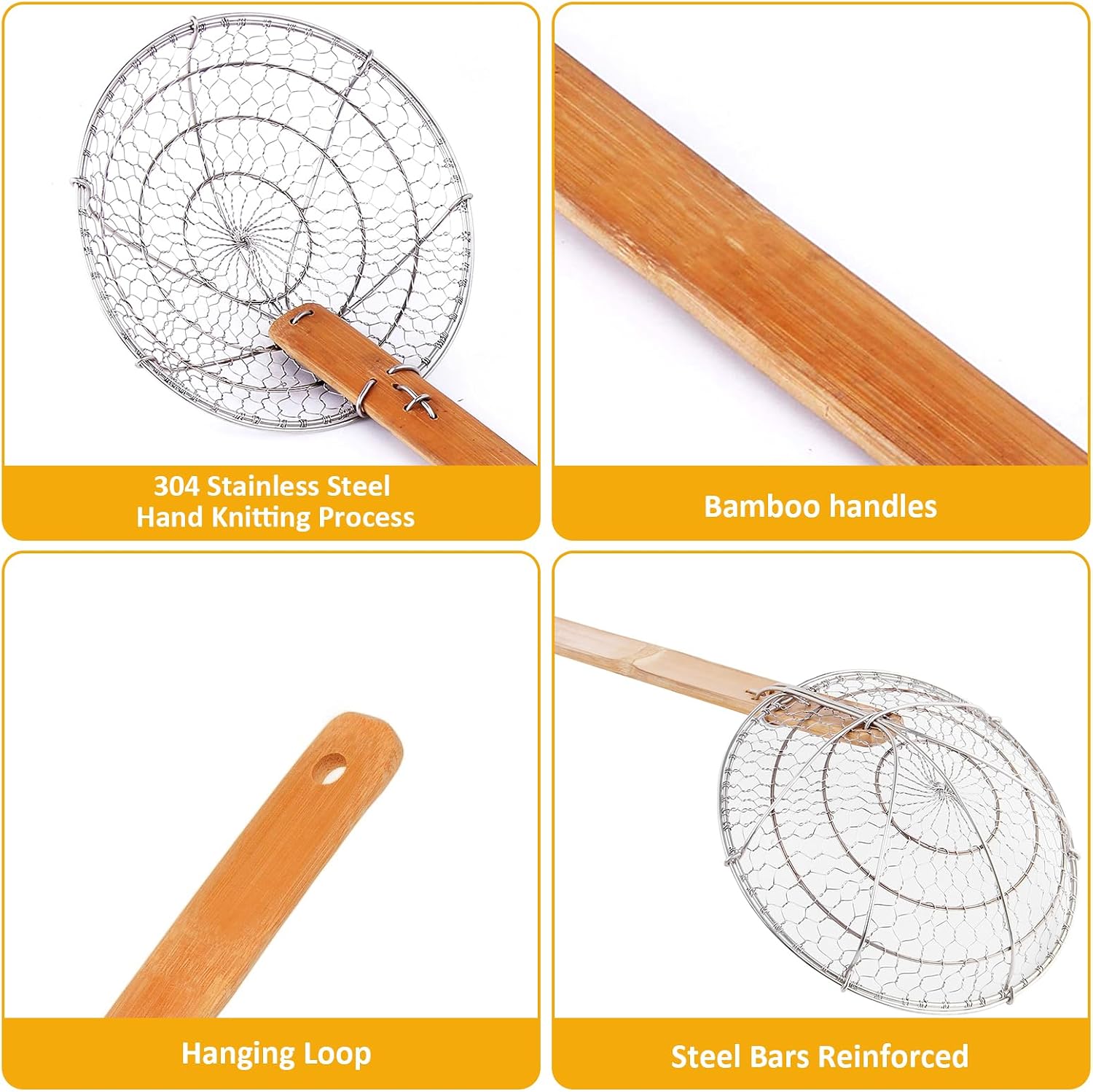 Stainless Steel Spider Strainer Asian Kitchen Wire Food Cooking Skimmer With Natural Bamboo Handle, 6-Inch, Hand-Made
