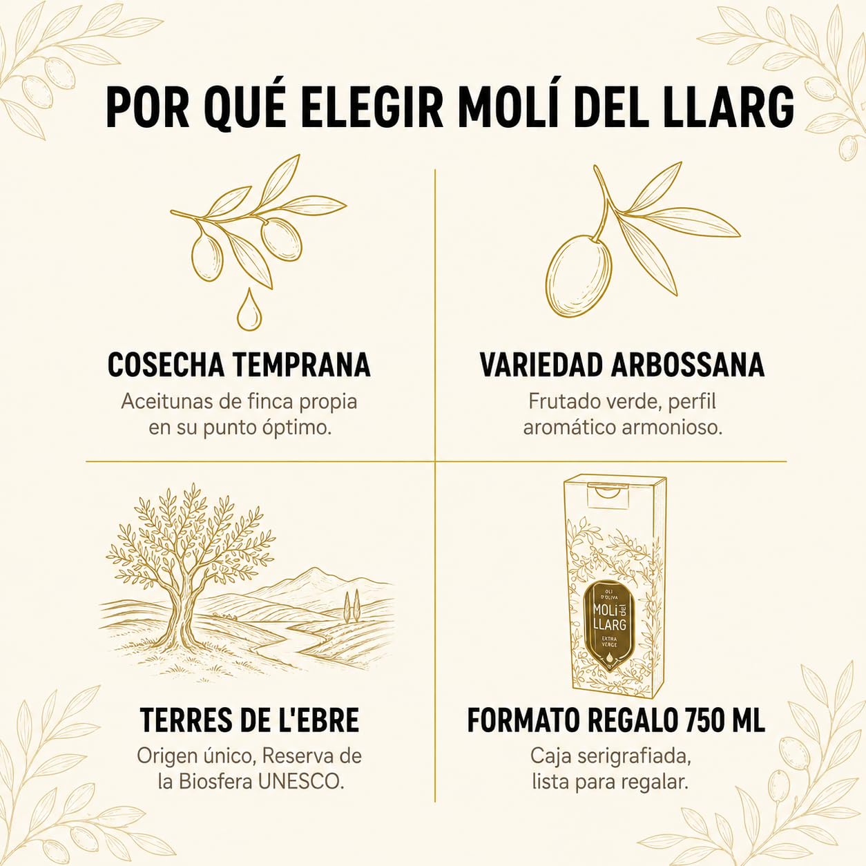 FORÉS | Aceite de Oliva Virgen Extra 750 ml Pack 6 Unidades | AOVE Gourmet Cosecha Temprana | Botella Cristal Oscuro con Caja Serigrafiada | Variedad Arbossana | Apto Regalo Empresa Cestas y Eventos