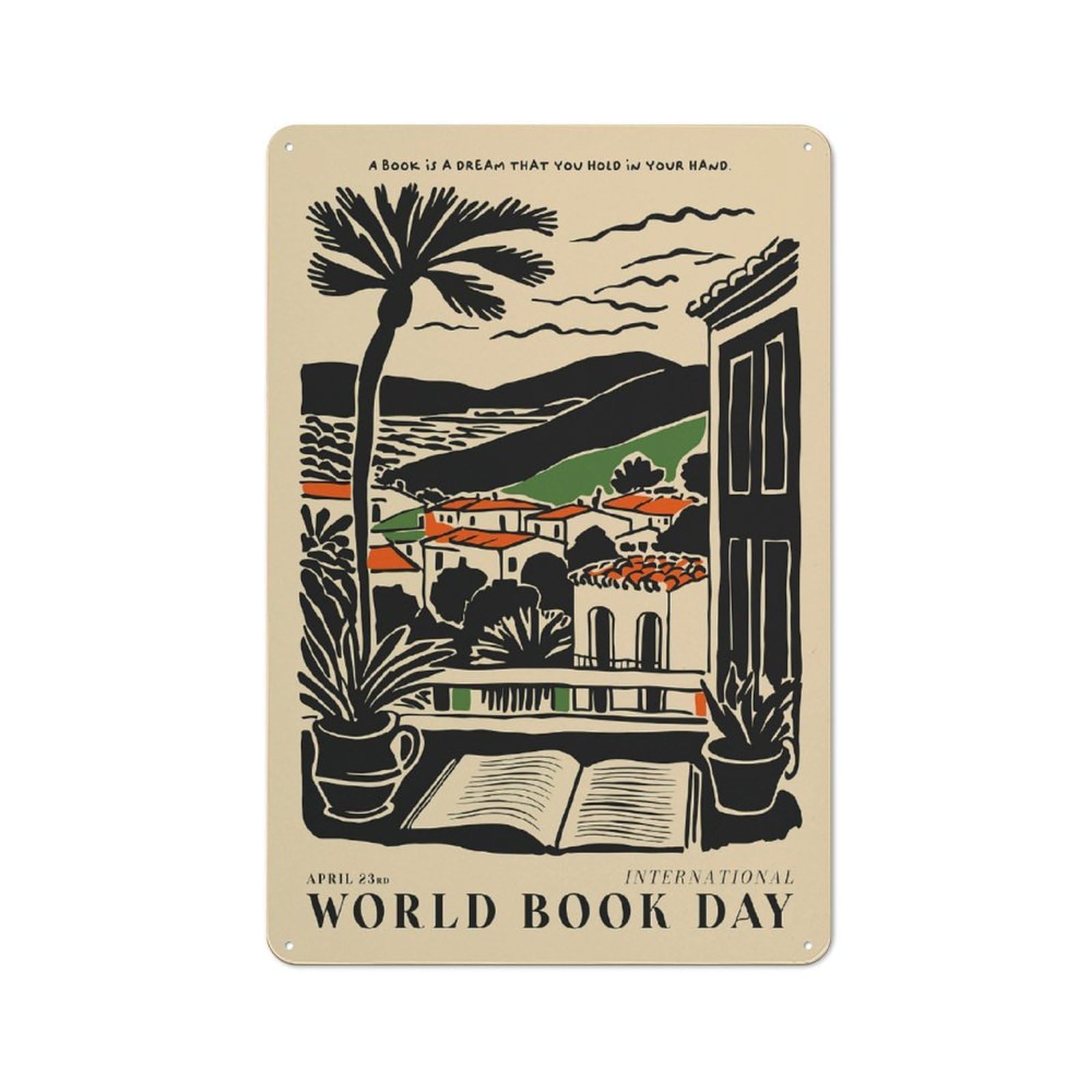 Junmoney Style-19 30X20cm Retro Tin Sign With World Book Day Illustration For Lounge Or Reading Corner, A Decorative Metal Sign For Lounges And Reading Corners