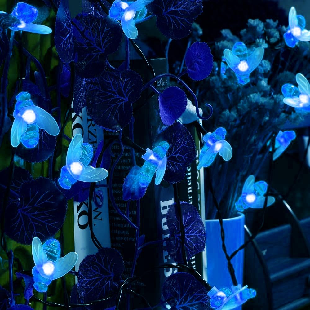 OKQYIMAQQ Solar Honeybee String Lights Outdoor, 12m 100LED Solar Bumble Bee String Lights Waterproof 8 Mode for Garden Yard (Blue)
