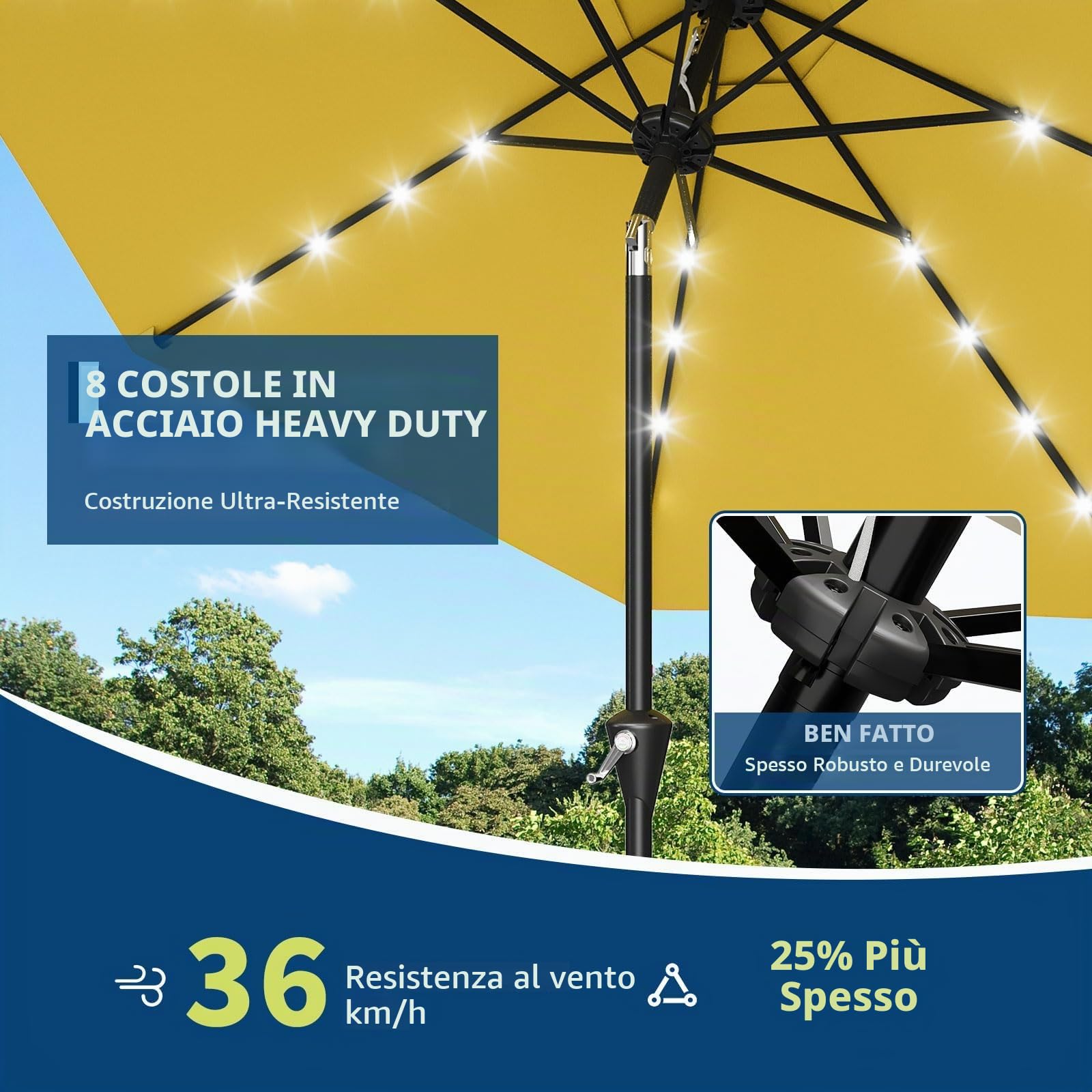 GarveeHome Ombrellone Da Giardino Solare 3 m Con 32 Luci LED, Protezione UV, Sollevamento a Manovella, Inclinazione Regolabile Con Pulsante, Per Terrazzo e Giardino