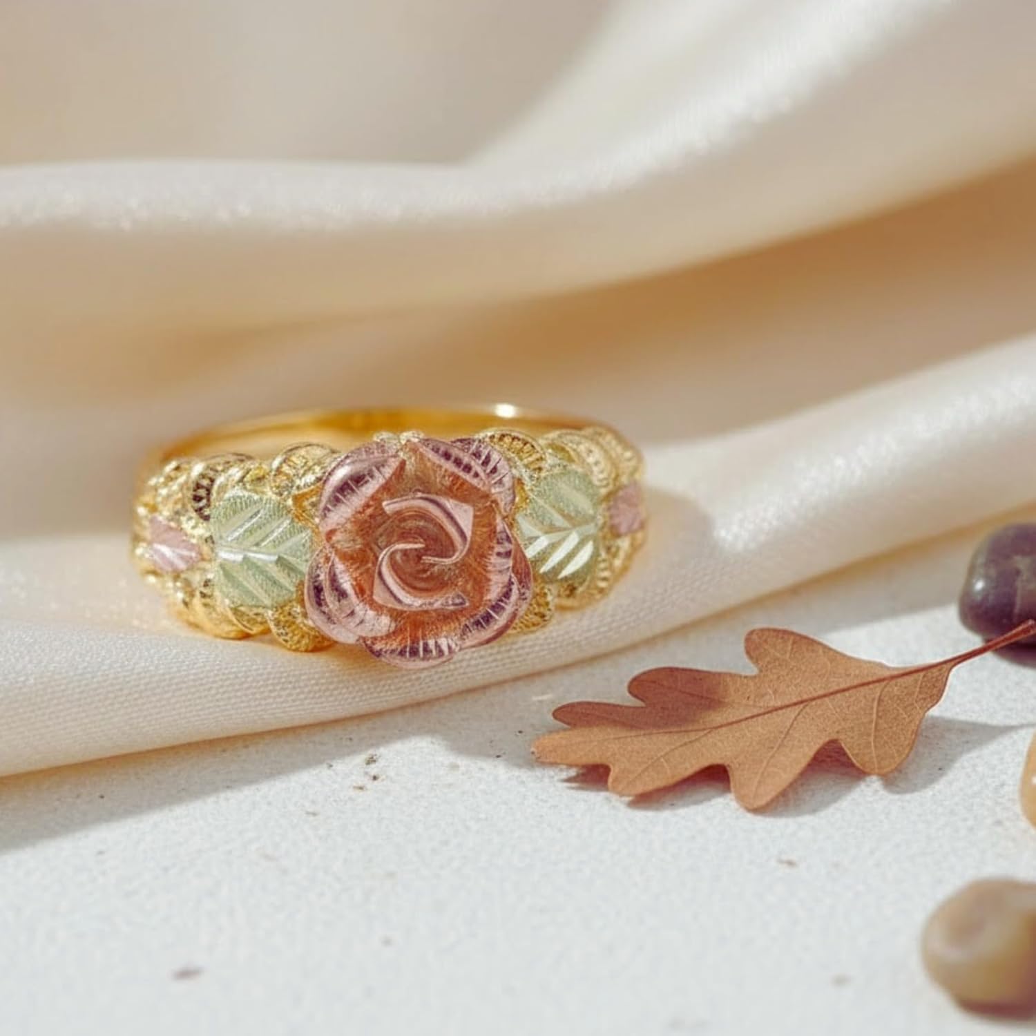 10k Yellow Gold 3D Rose Flower Accent Band, 12k Green Gold, 12k Rose Black Hills Gold Solid Gold Statement Ring Jewelry for Women, Ladies, Teens