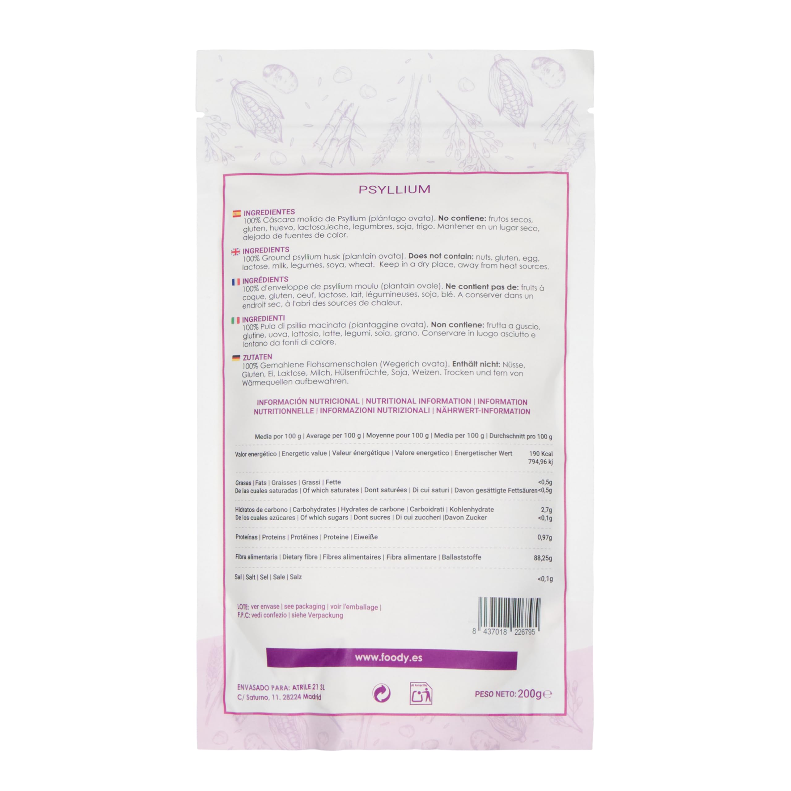 Cascara molida de Psilio rubio polvo 99% Pureza - Fibra plantago ovata molido - Psyllium husk fibre powder 200g - Producto natural sin aditivos - Ideal para hacer pan sin gluten