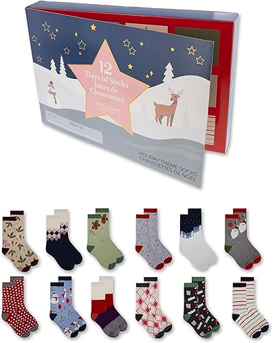 Gertex Calendario de Adviento de calcetines navideños de alta calidad para mujer, 12 días de calcetines de tripulación, talla de calcetín 9-11, se