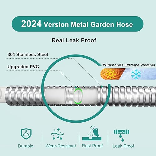 Miniatura 2 de Manguera de jardín de metal de 50 pies, manguera de metal versión 2024 con diseño mejorado, boquilla de 10 funciones, accesorios universales de 34