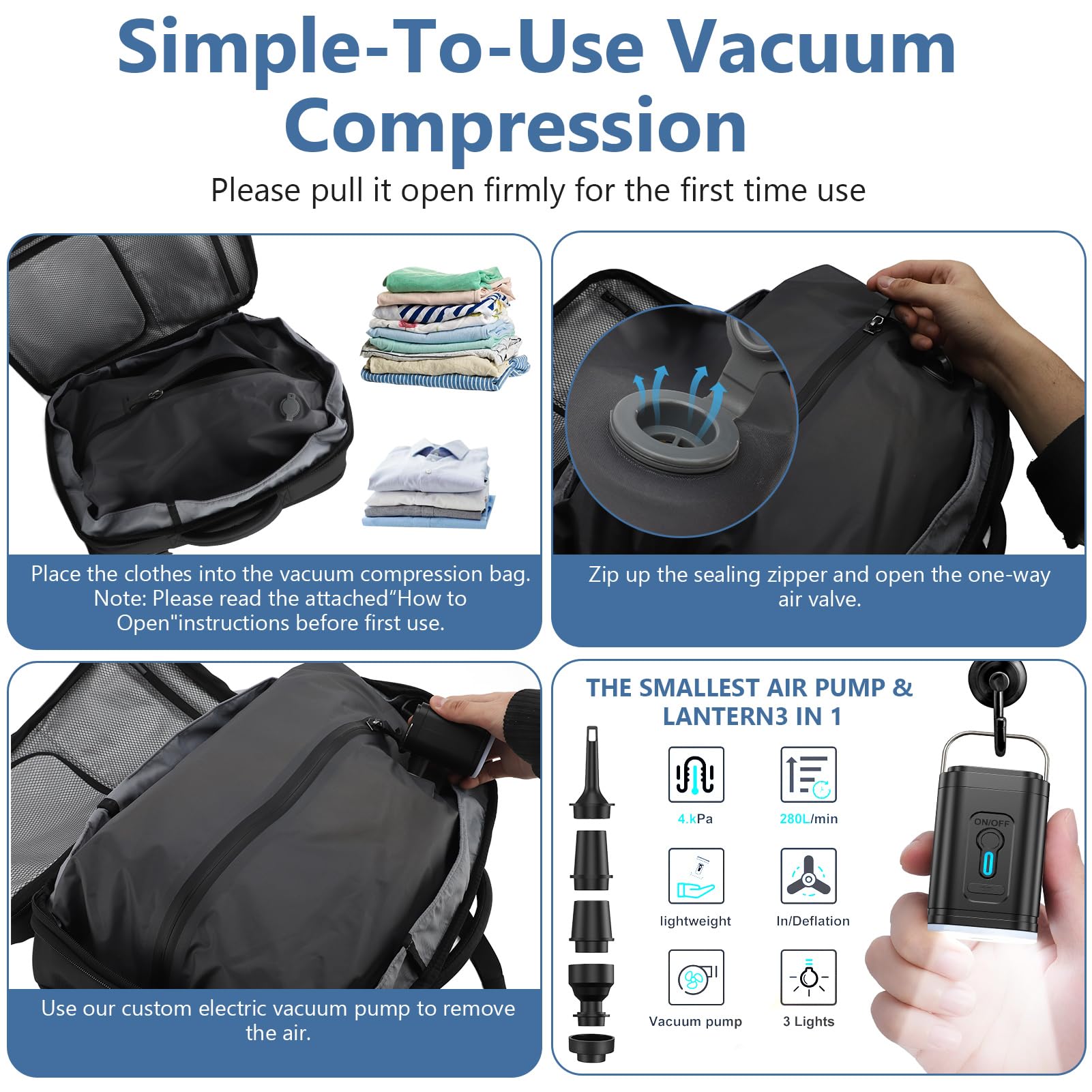 Mochila de viaje al vacío de 60 L, expandible, bolsa de compresión al vacío con bomba de aire, puerto de carga USB, resistente al agua, antirrobo, #211