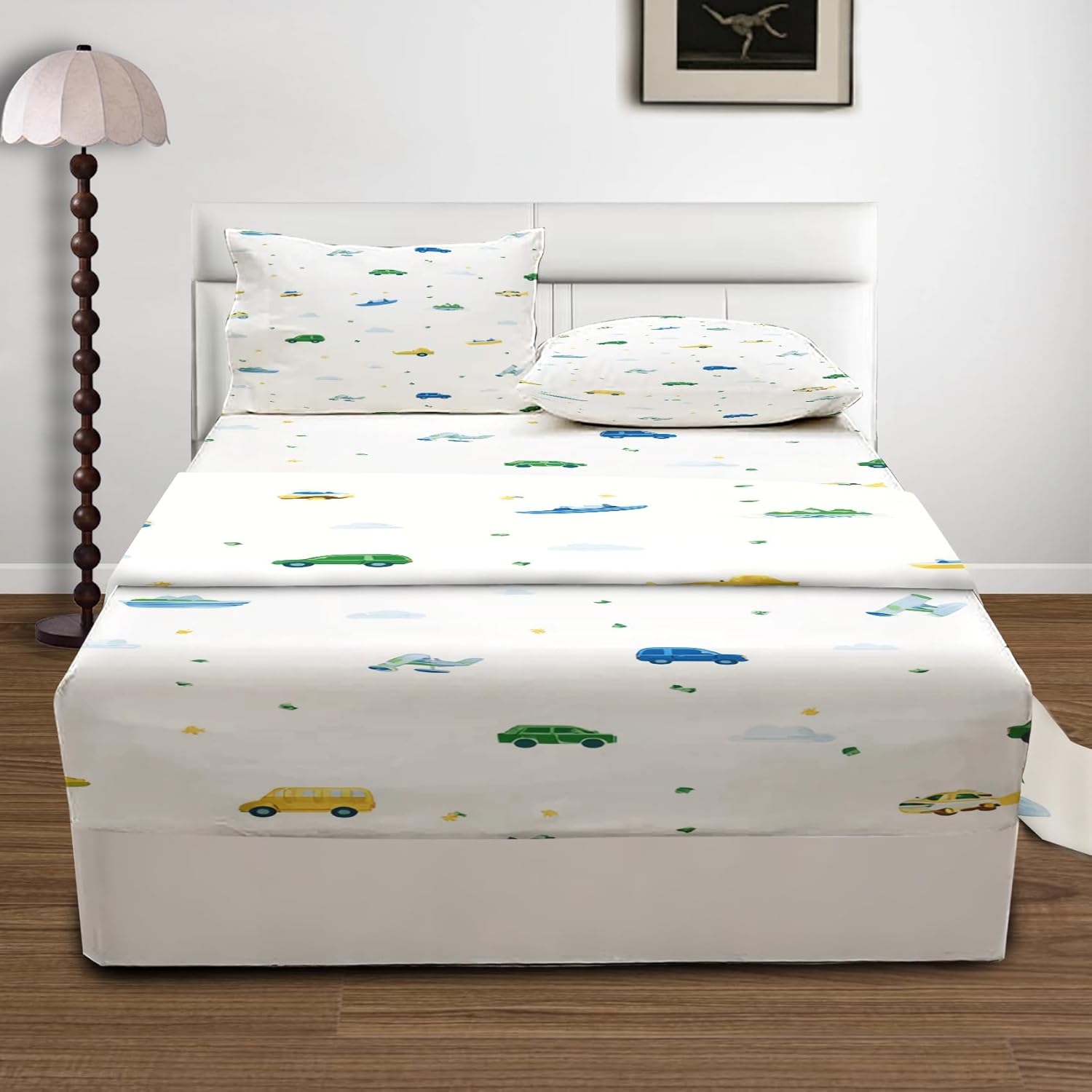 Cartoon Car Twin Sheets Set, Cute Vehicle Airplane Boat 3 Piece Bed Sheet Set, Traffic Kids Toddler Soft Microfiber Bedding with 16 Inch Deep Pocket - 1 Fitted Sheet & 1 Flat Sheet & 1 Pillowcase