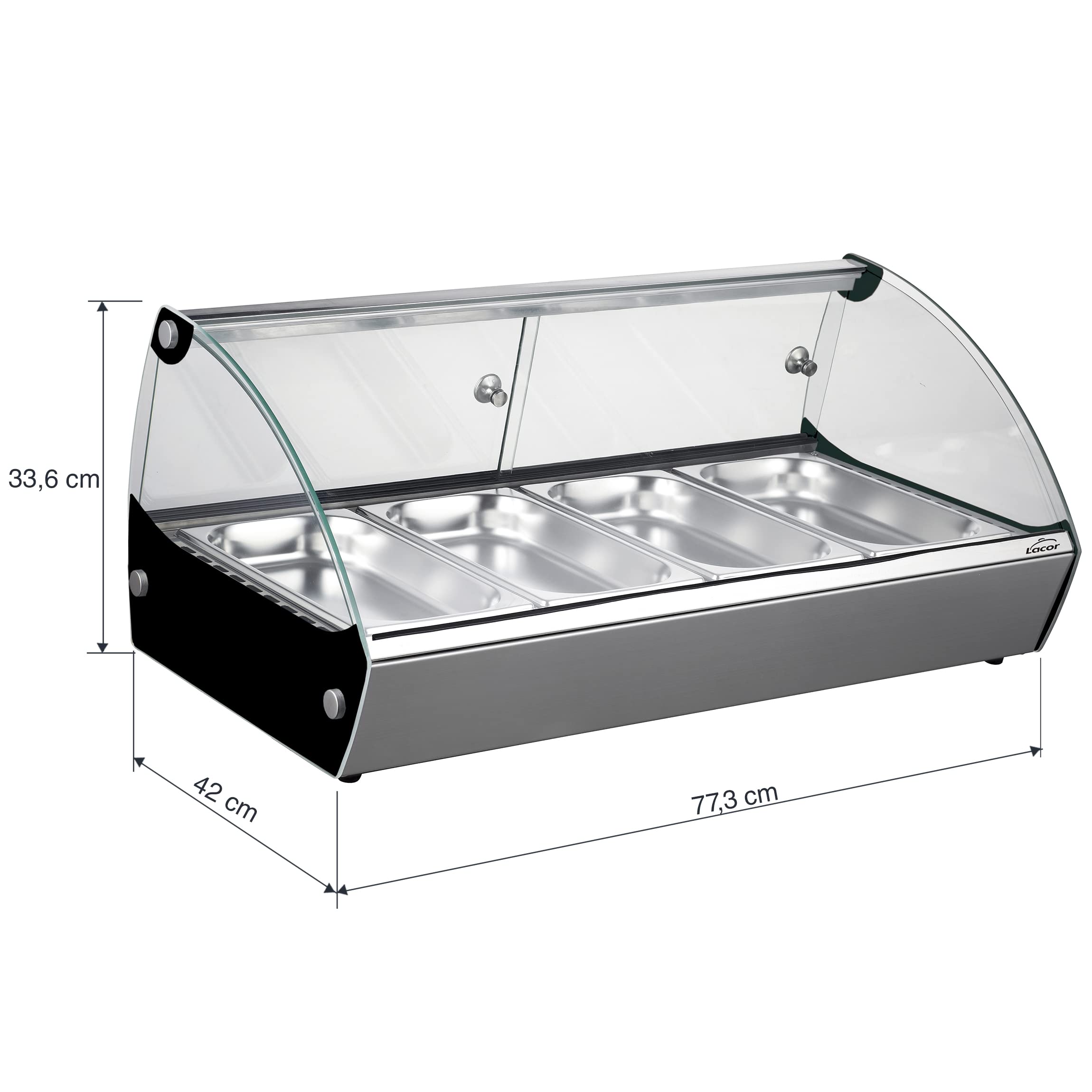 Lacor - 69602 - Vitrina Térmica, Expositor de Alimentos, Cristal y Acero Inoxidable, 500 W, Capacidad: 4xGN 1/3, Termostato Regulable: 30ºC - 90ºC